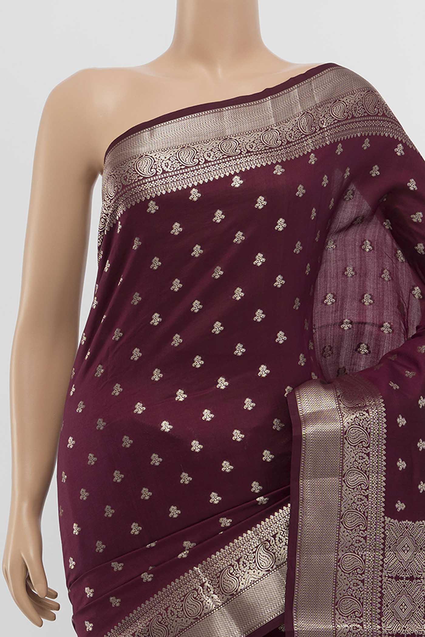 Burgundy Banarasi Raw Silk Saree - Image 2