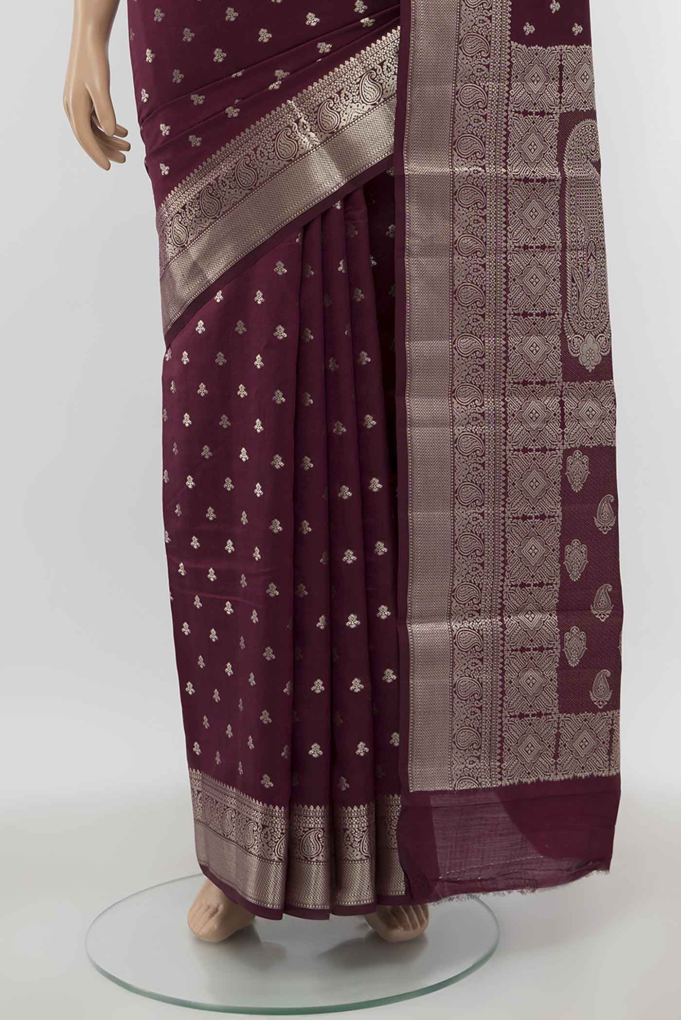 Burgundy Banarasi Raw Silk Saree - Image 3