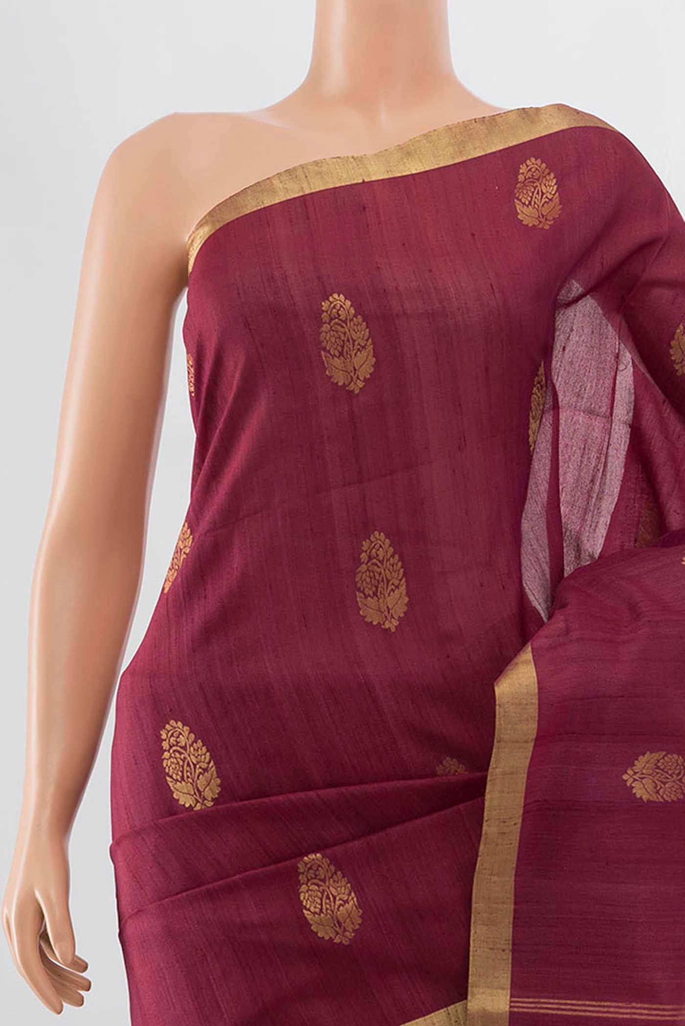 Maroon Tussar Silk Saree - Image 2