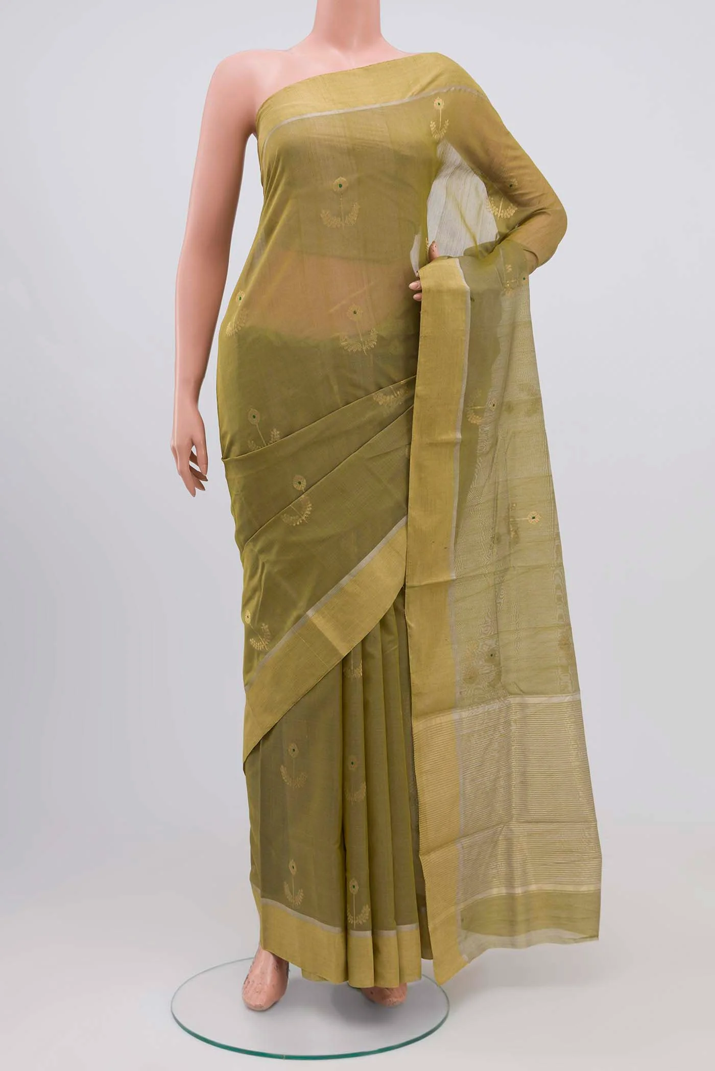 Beige with Green Color Chanderi Silk Cotton Saree