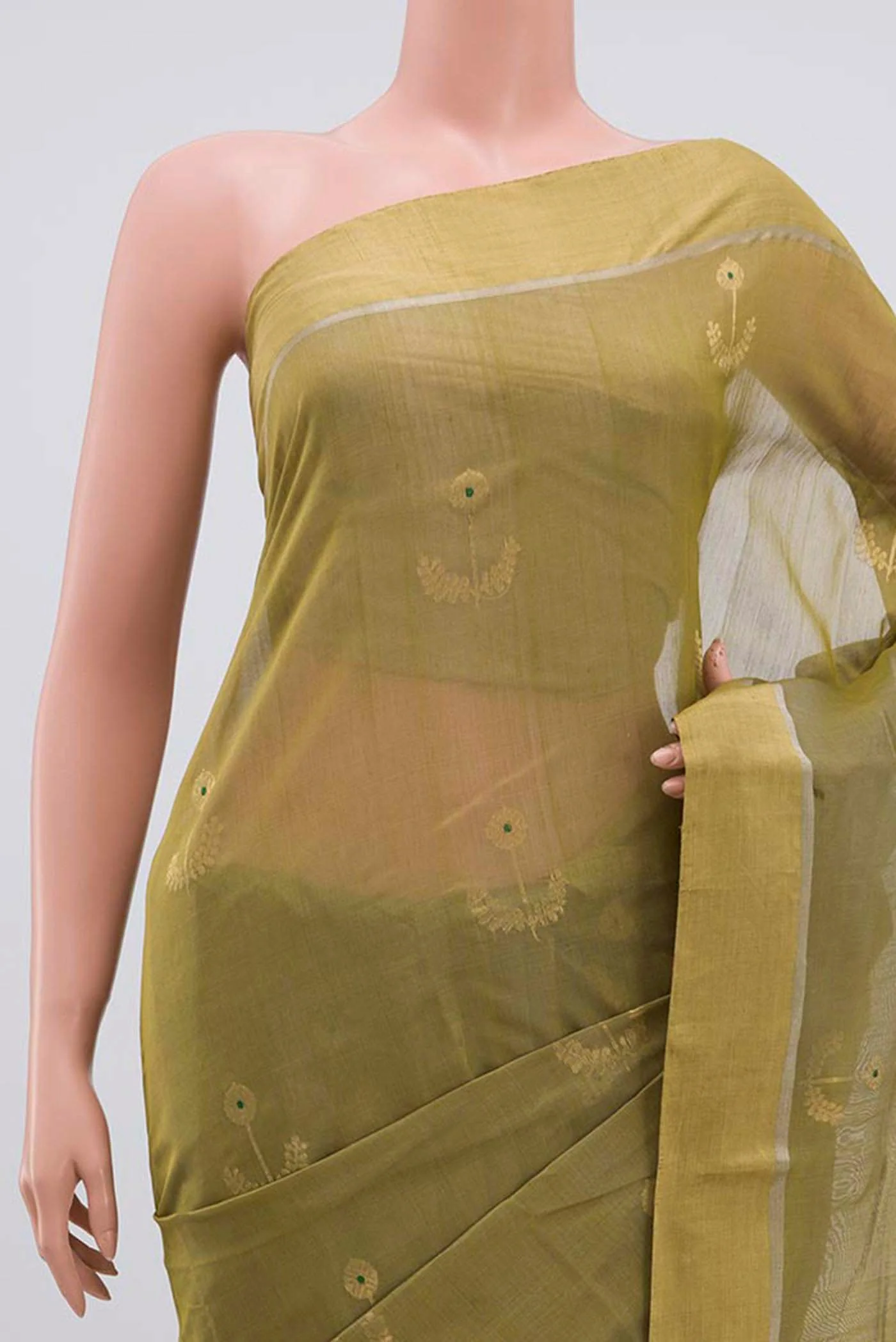 Beige with Green Color Chanderi Silk Cotton Saree - Image 2