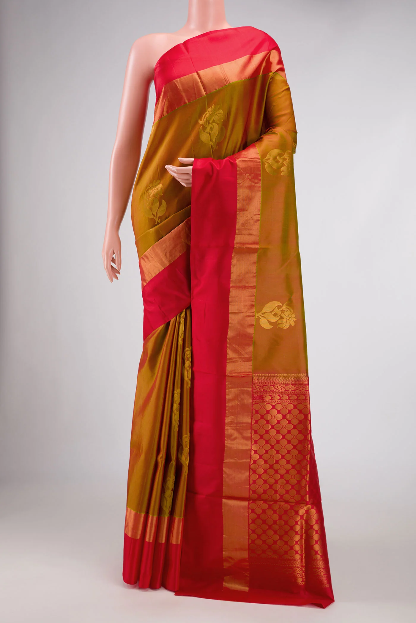 Green with Red Color Soft Silk Saree