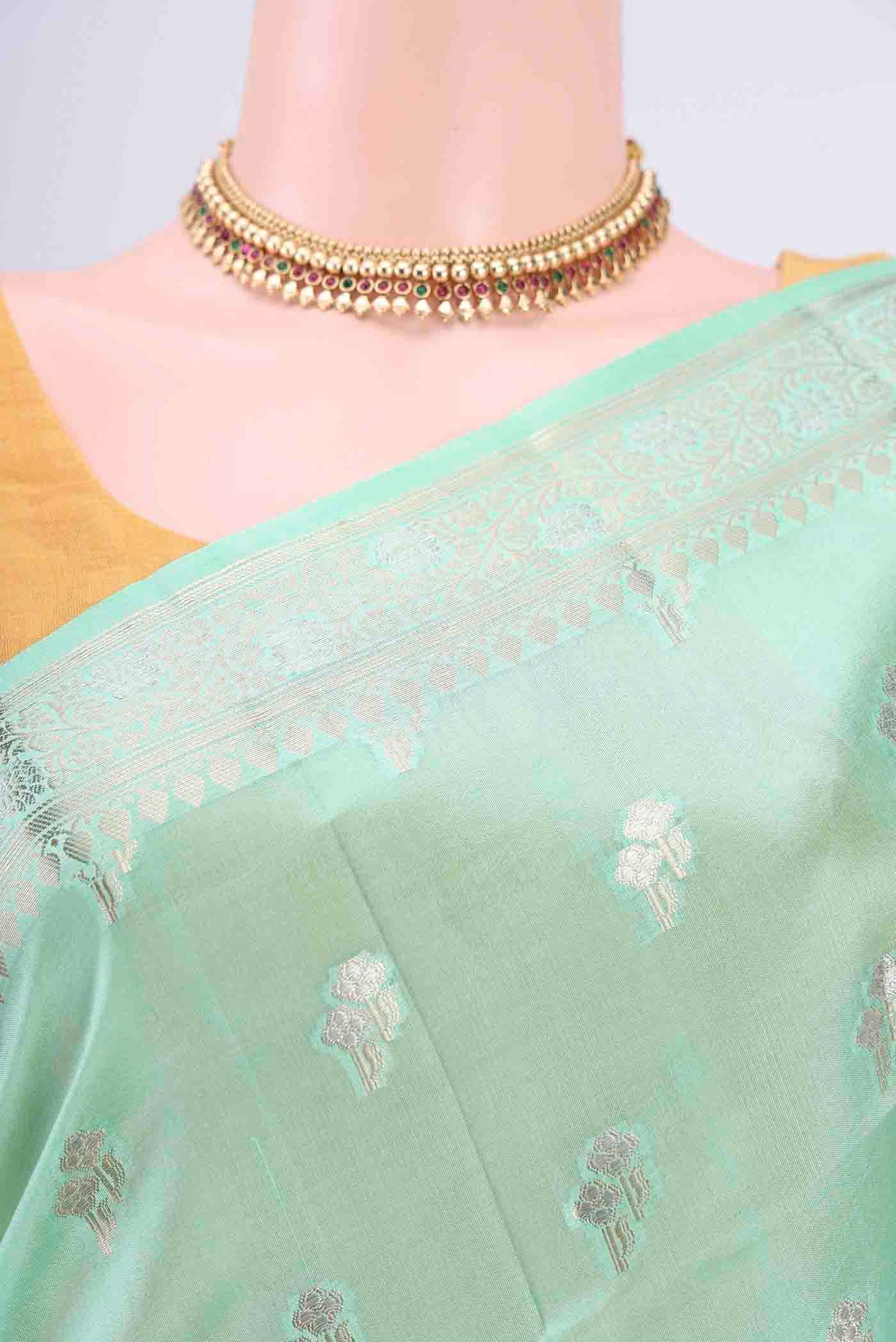 Mint Green Banarasi Raw Silk Saree - Image 2