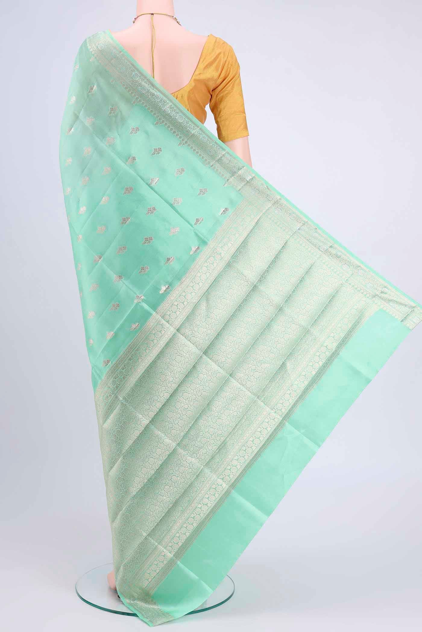 Mint Green Banarasi Raw Silk Saree - Image 3