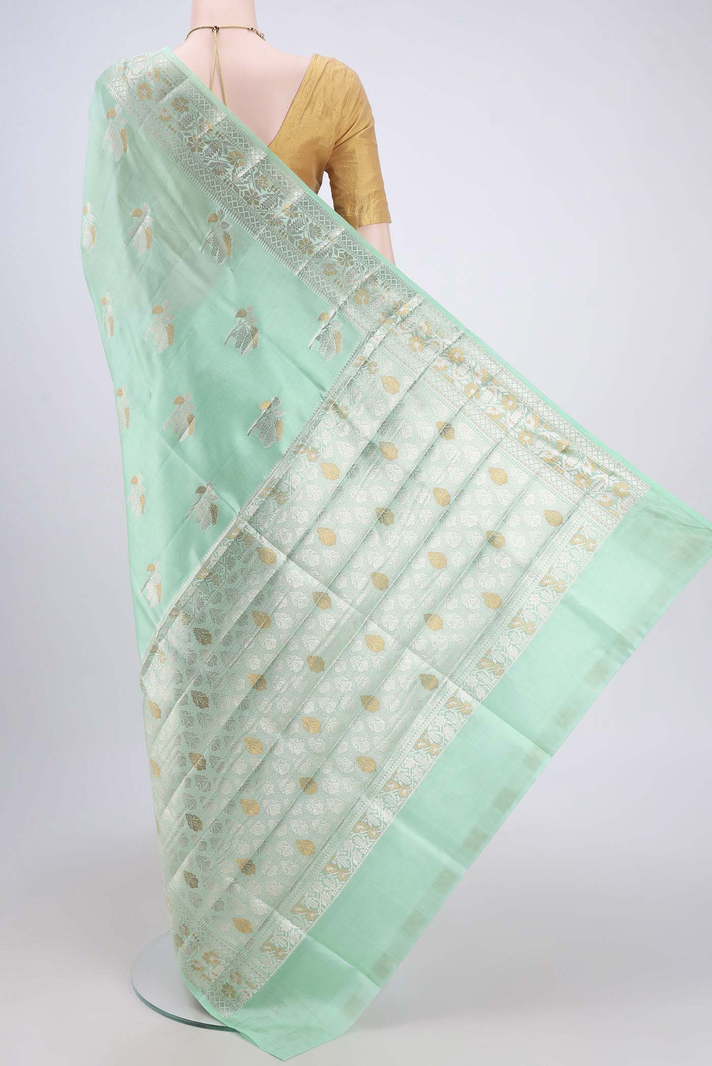 Mint Green Banarasi Raw Silk Saree - Image 3