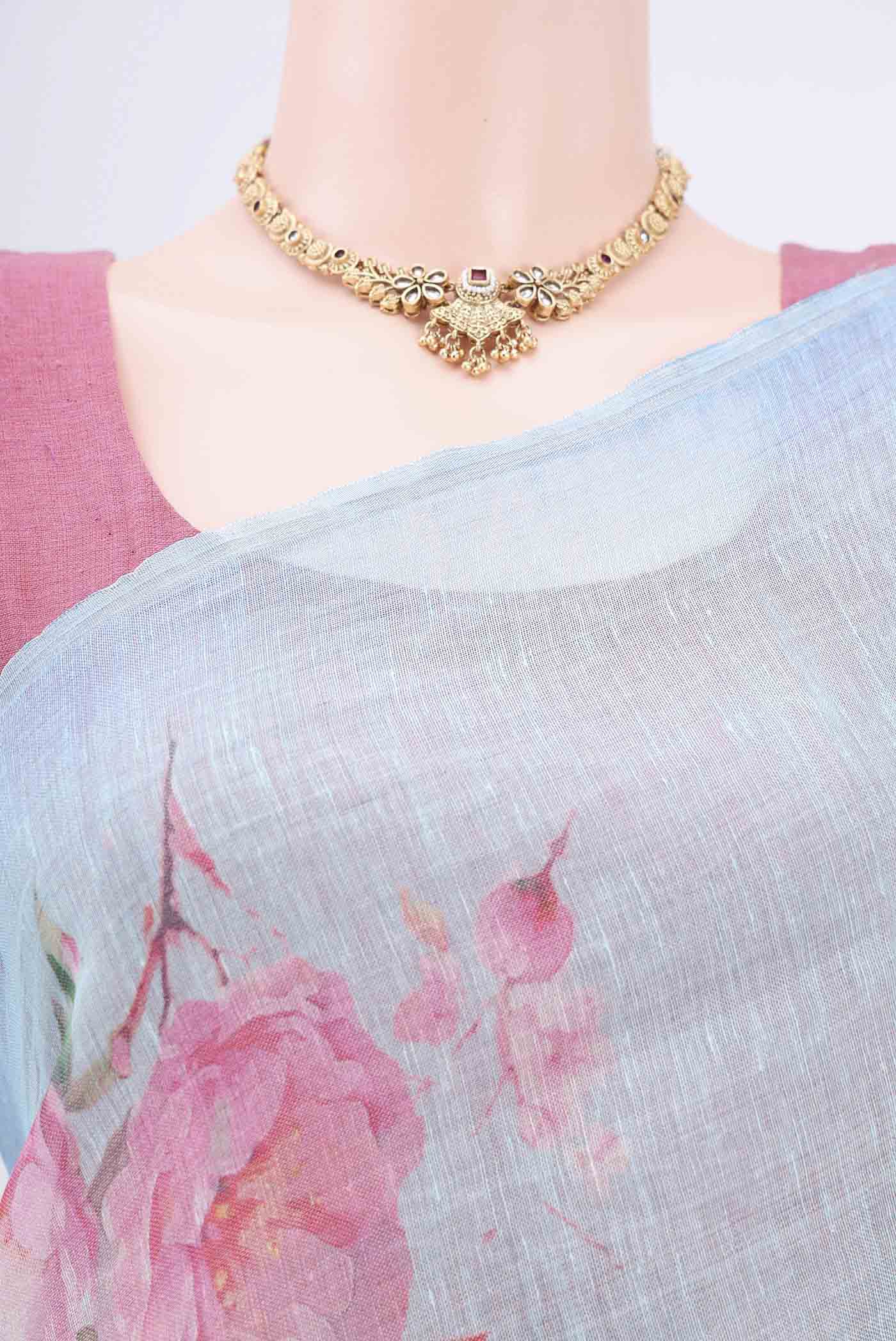 Light Blue Linen Saree - Image 2