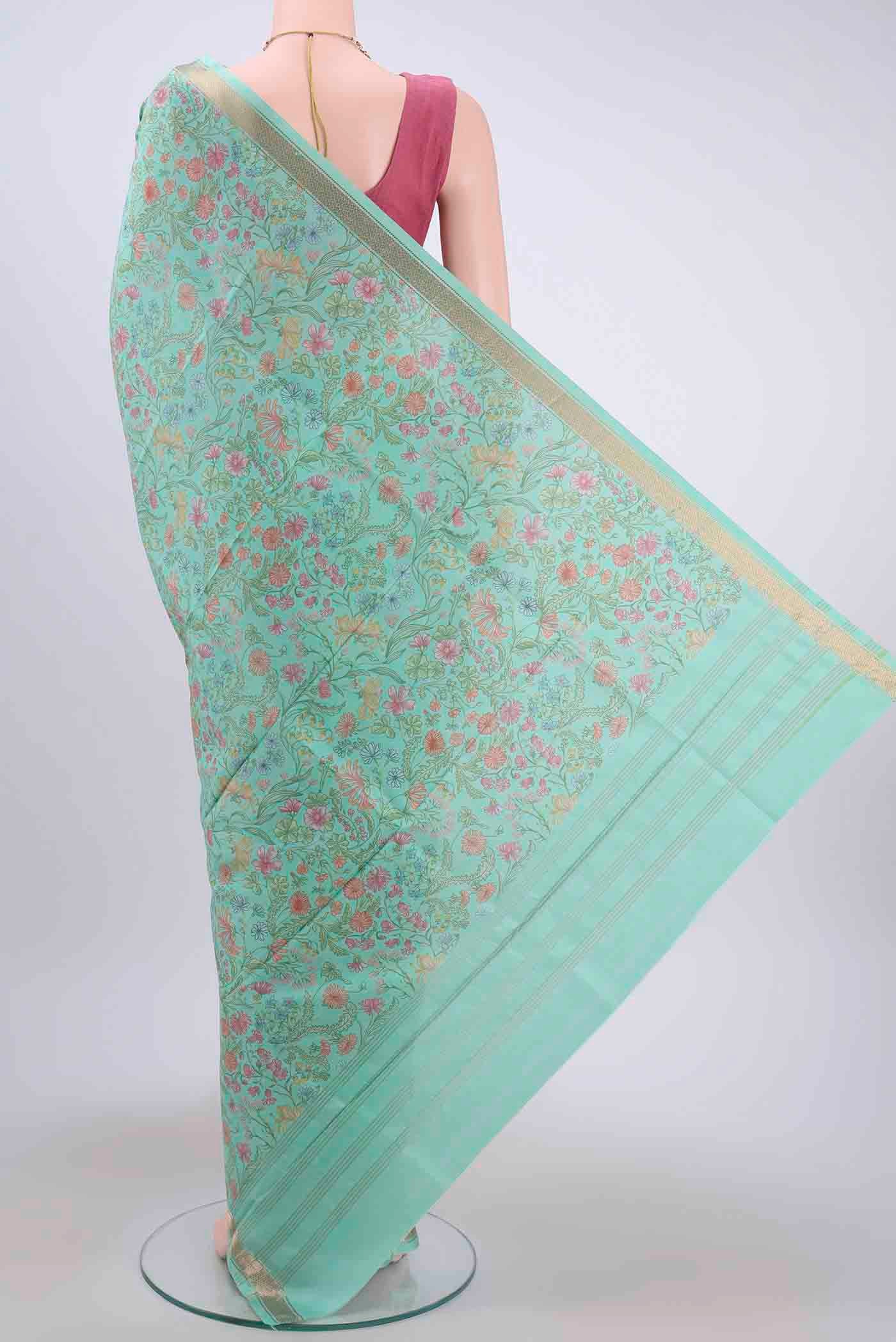 Mint Green Printed Silk Saree - Image 3