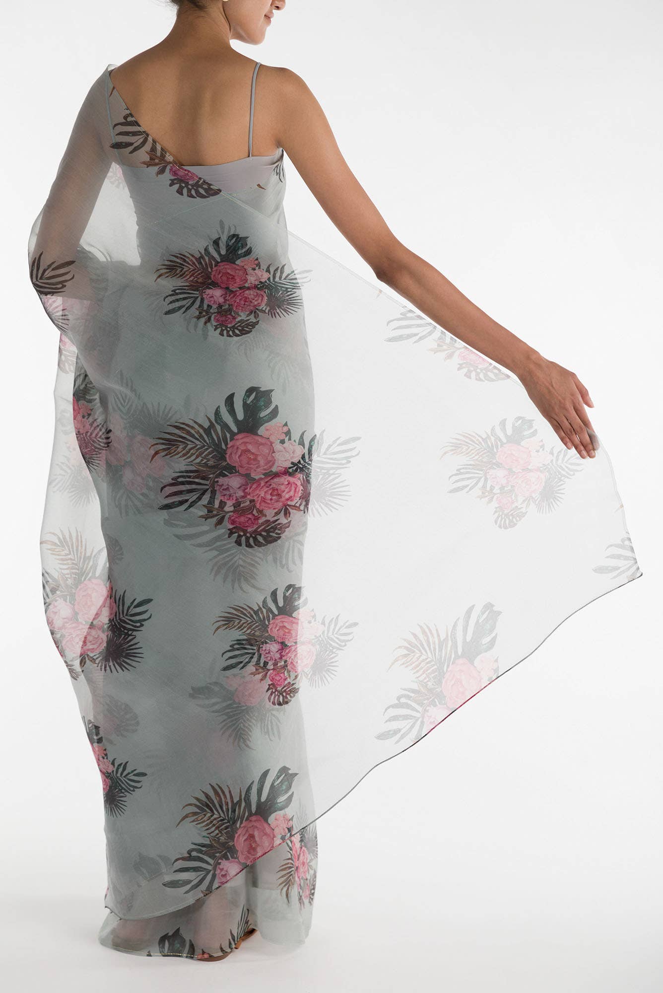 The Flower Bunch Mint Green Pure Organza Silk Saree - Image 4