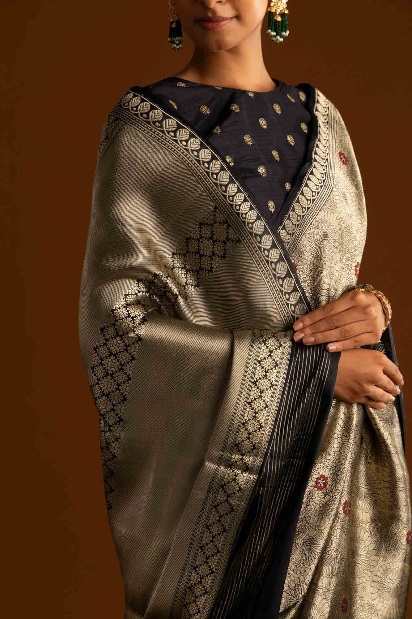 Mor-Black Banarasi Silk Saree - Image 3
