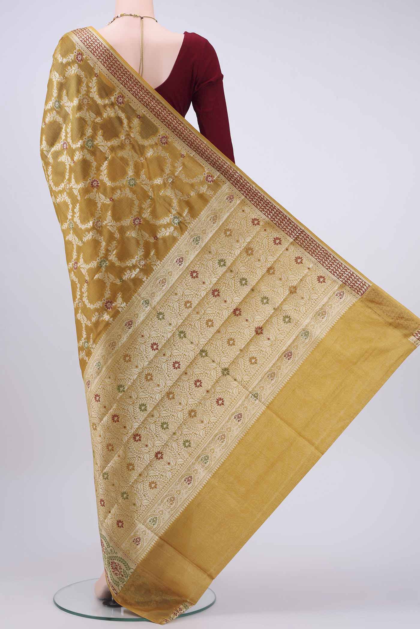 Mustard Banarasi Tussar Silk Saree - Image 3
