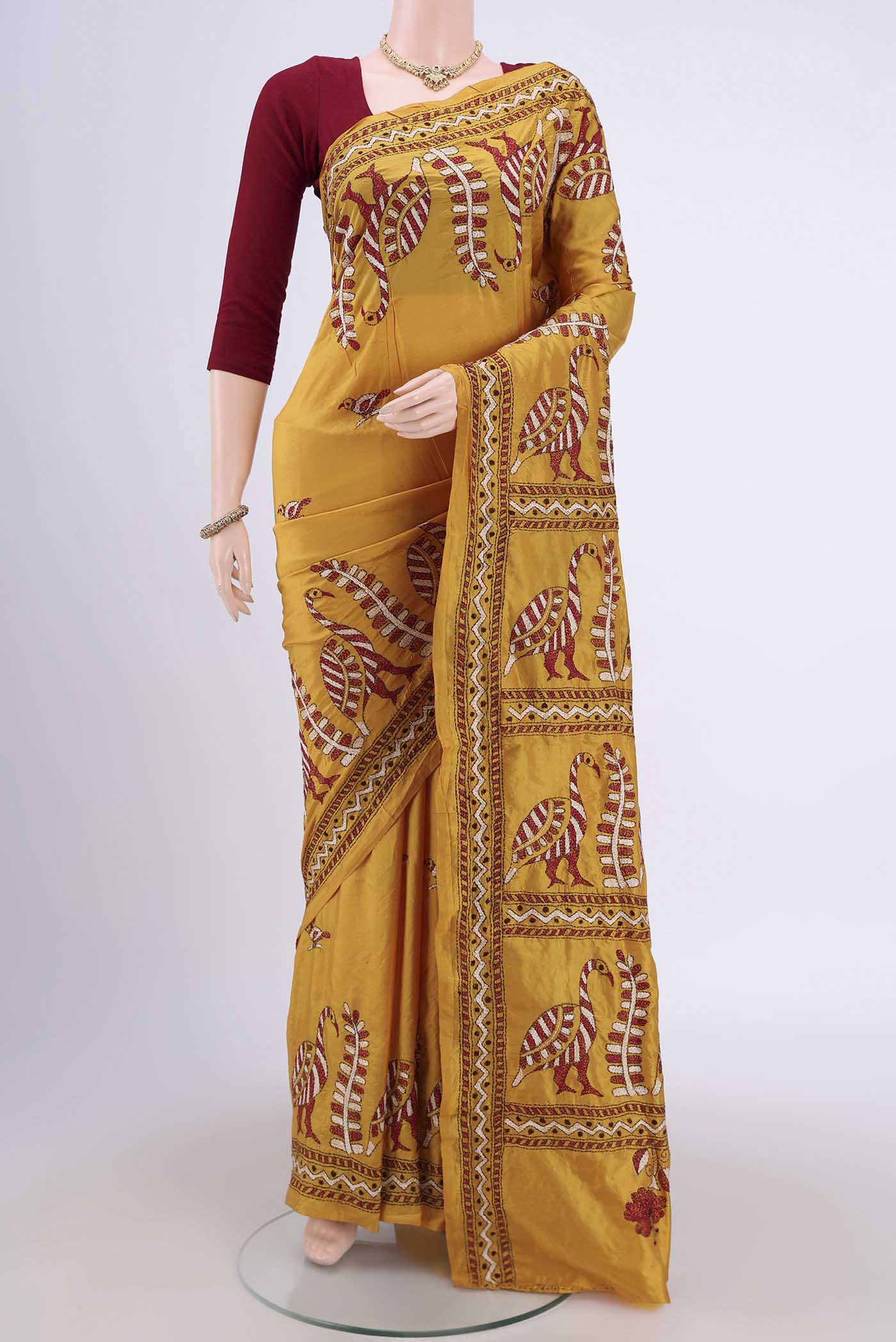 Mustard Kantha Silk Saree