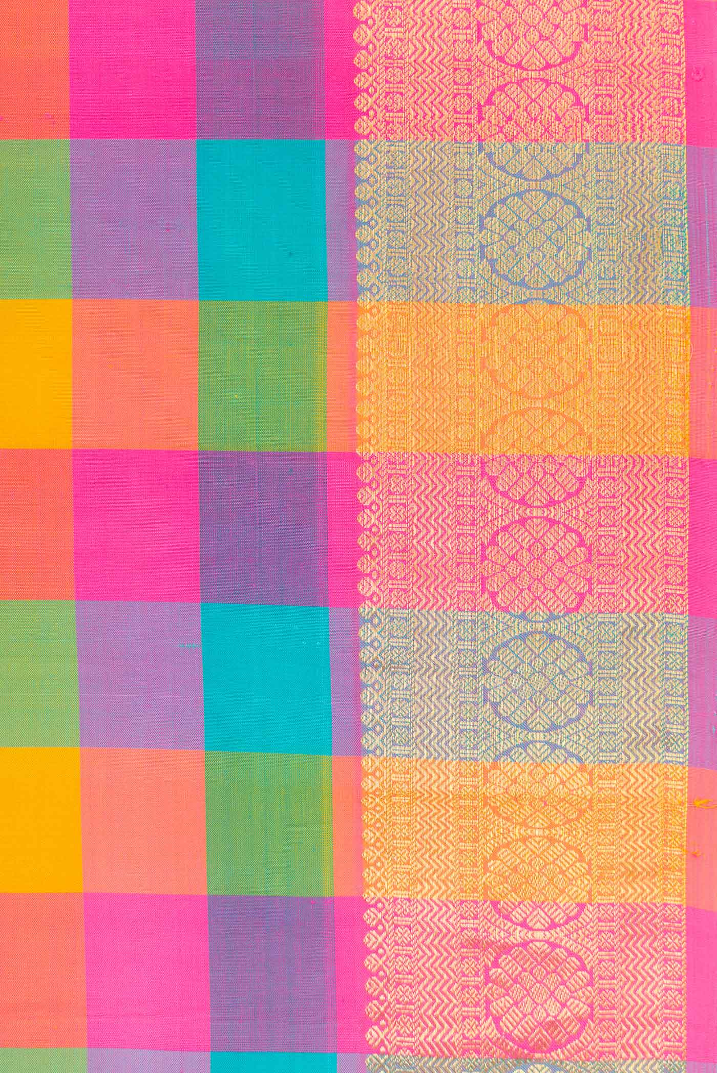 Mustard, Pink, Green and Blue Color Kanchipuram Silk Saree - Image 3