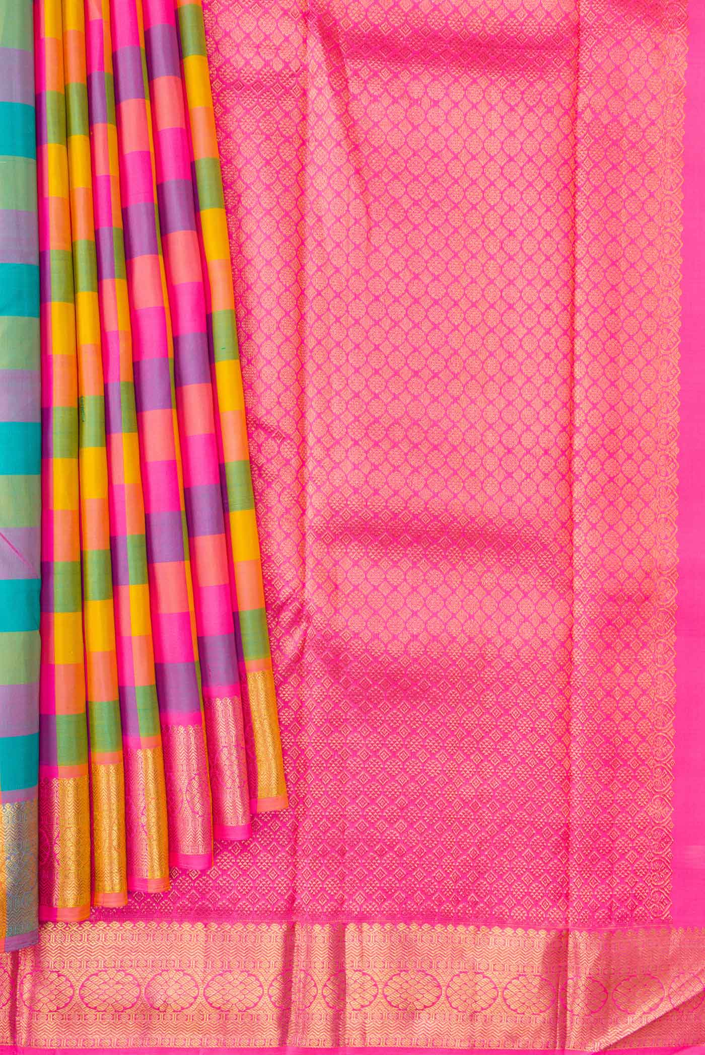 Mustard, Pink, Green and Blue Color Kanchipuram Silk Saree - Image 4