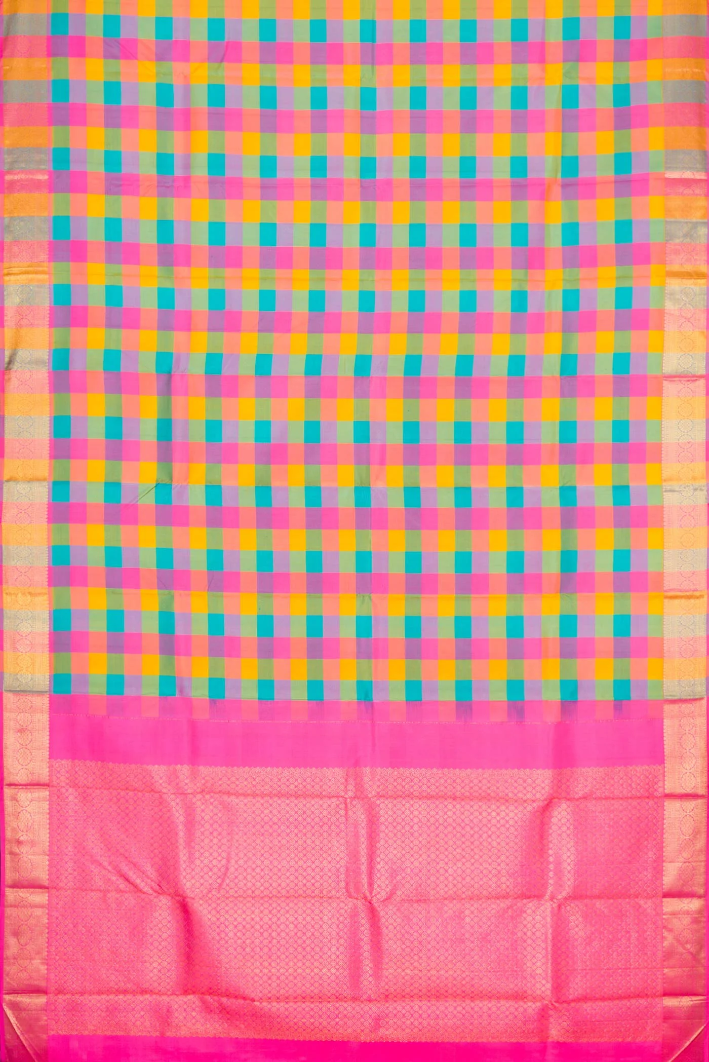 Mustard, Pink, Green and Blue Color Kanchipuram Silk Saree - Image 6