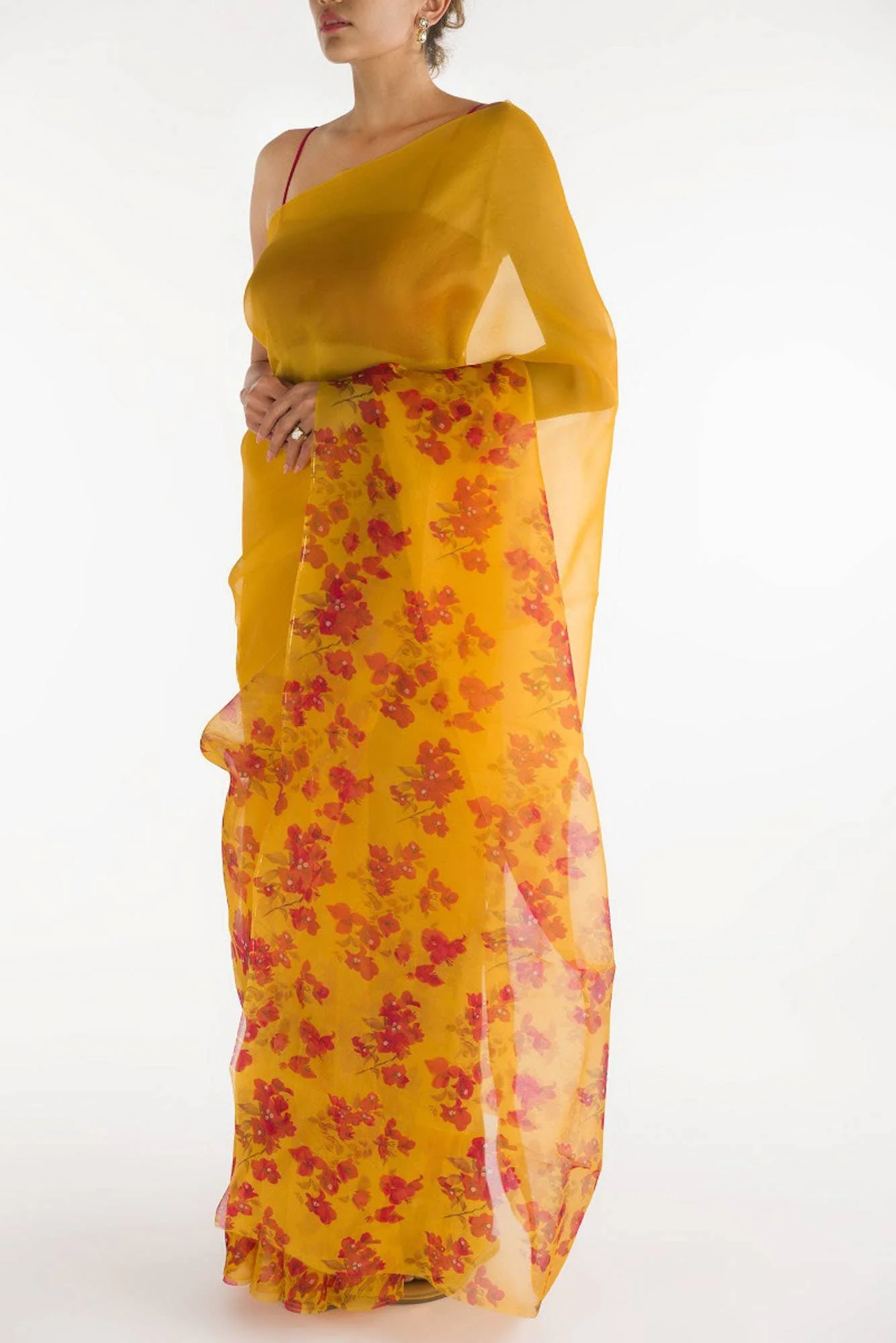 Bougainvillea Vines Mustard Pure Organza Silk Saree - Image 4