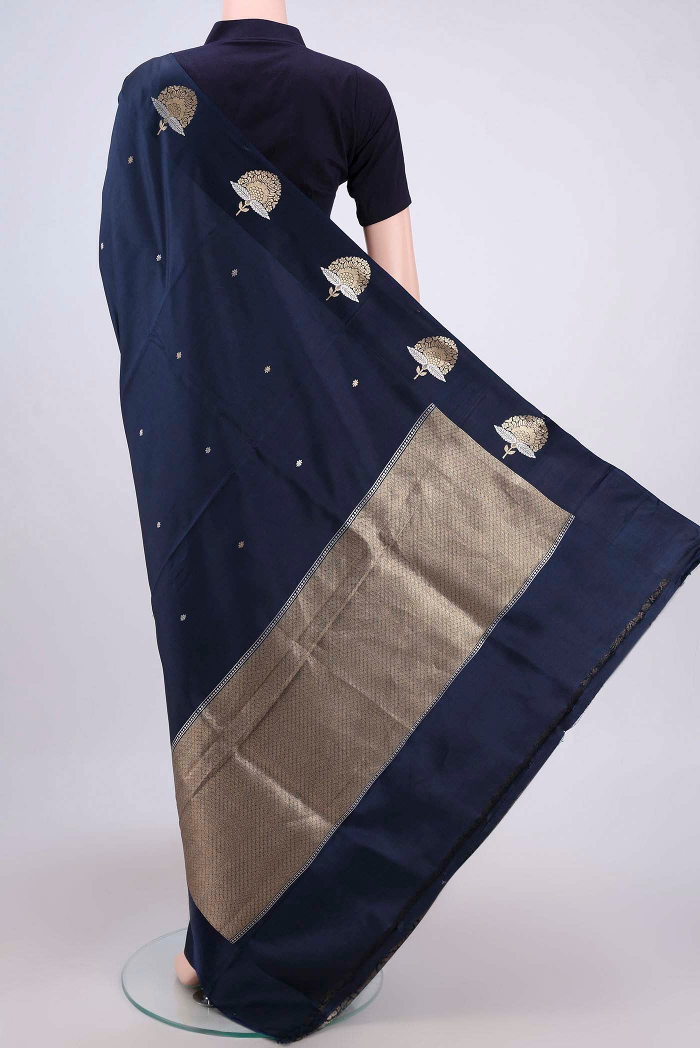 Navy Blue Banarasi Katan Silk Saree - Image 3