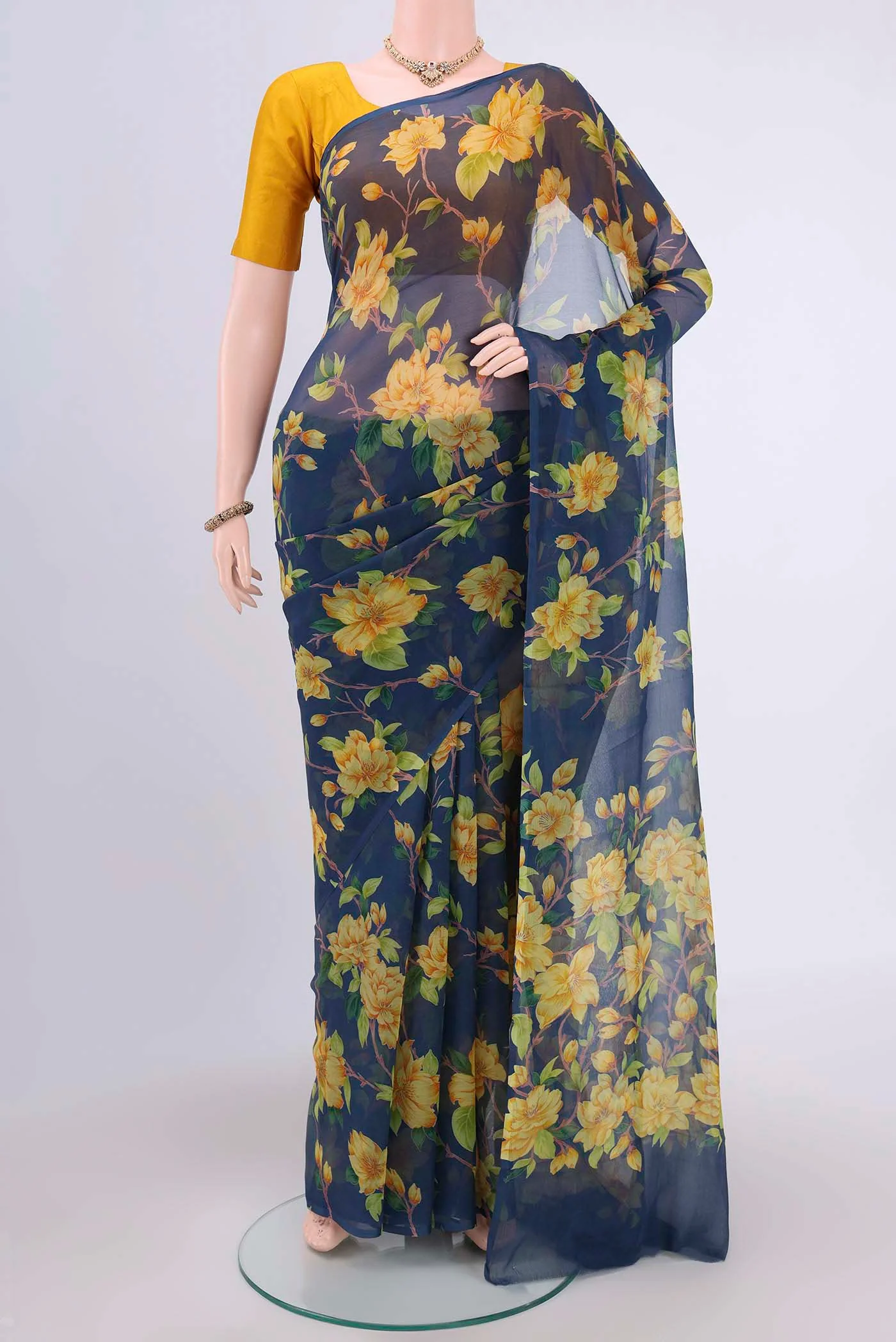 Navy Blue Mysore Chiffon Saree