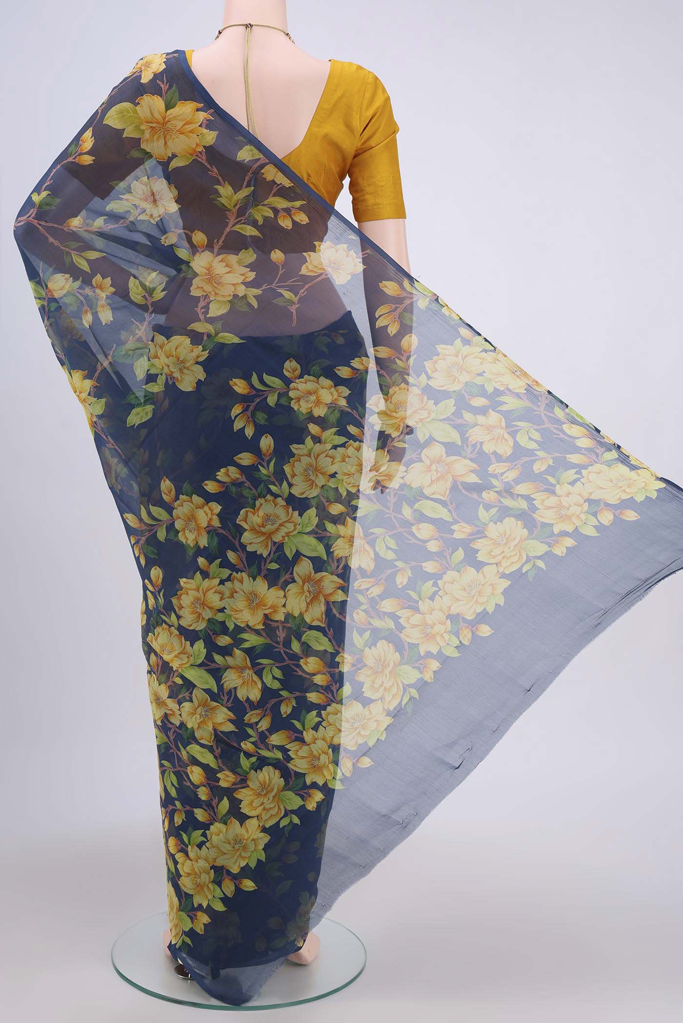 Navy Blue Mysore Chiffon Saree - Image 3