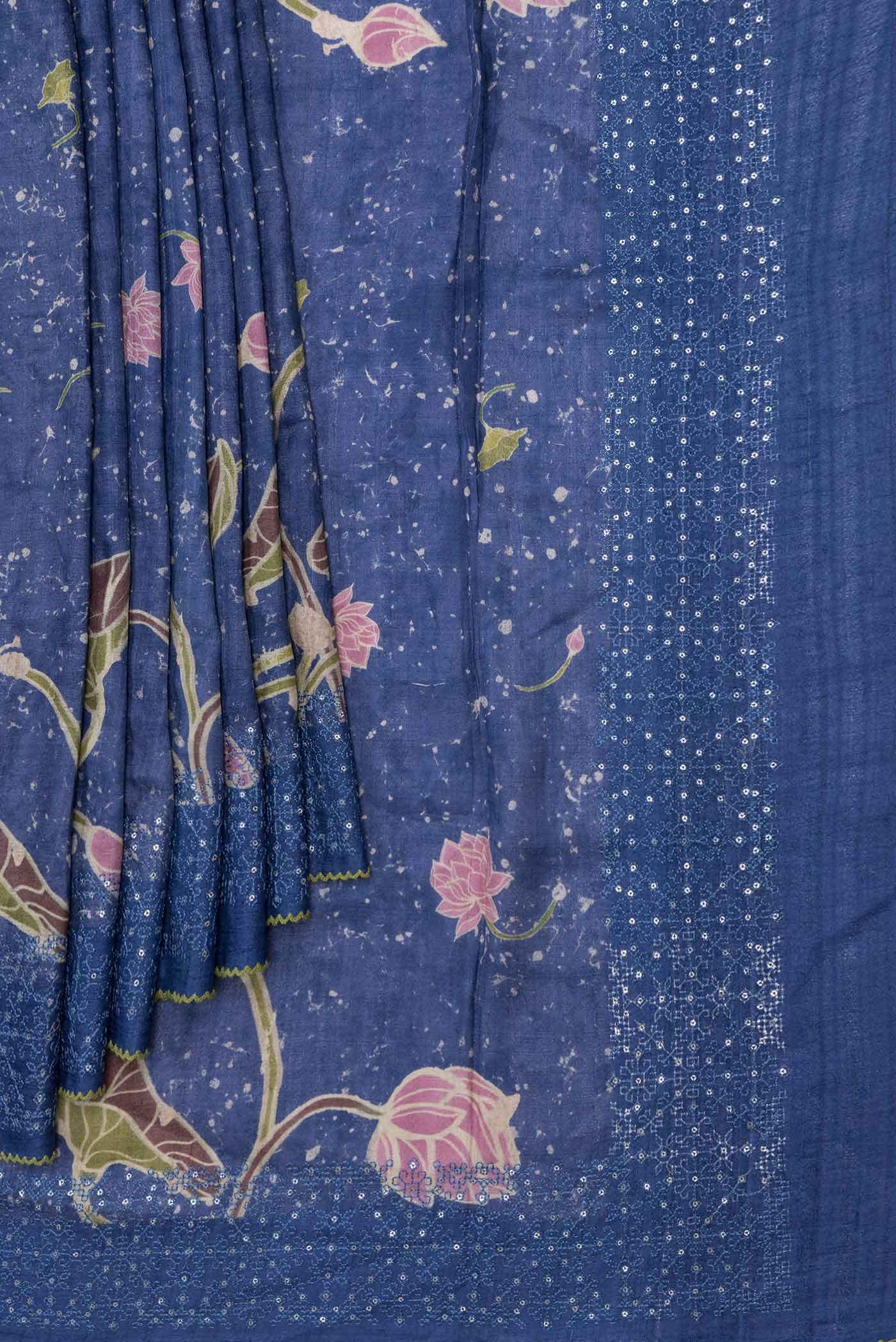 Navy Blue Dual Tone Tussar Silk Saree - Image 2