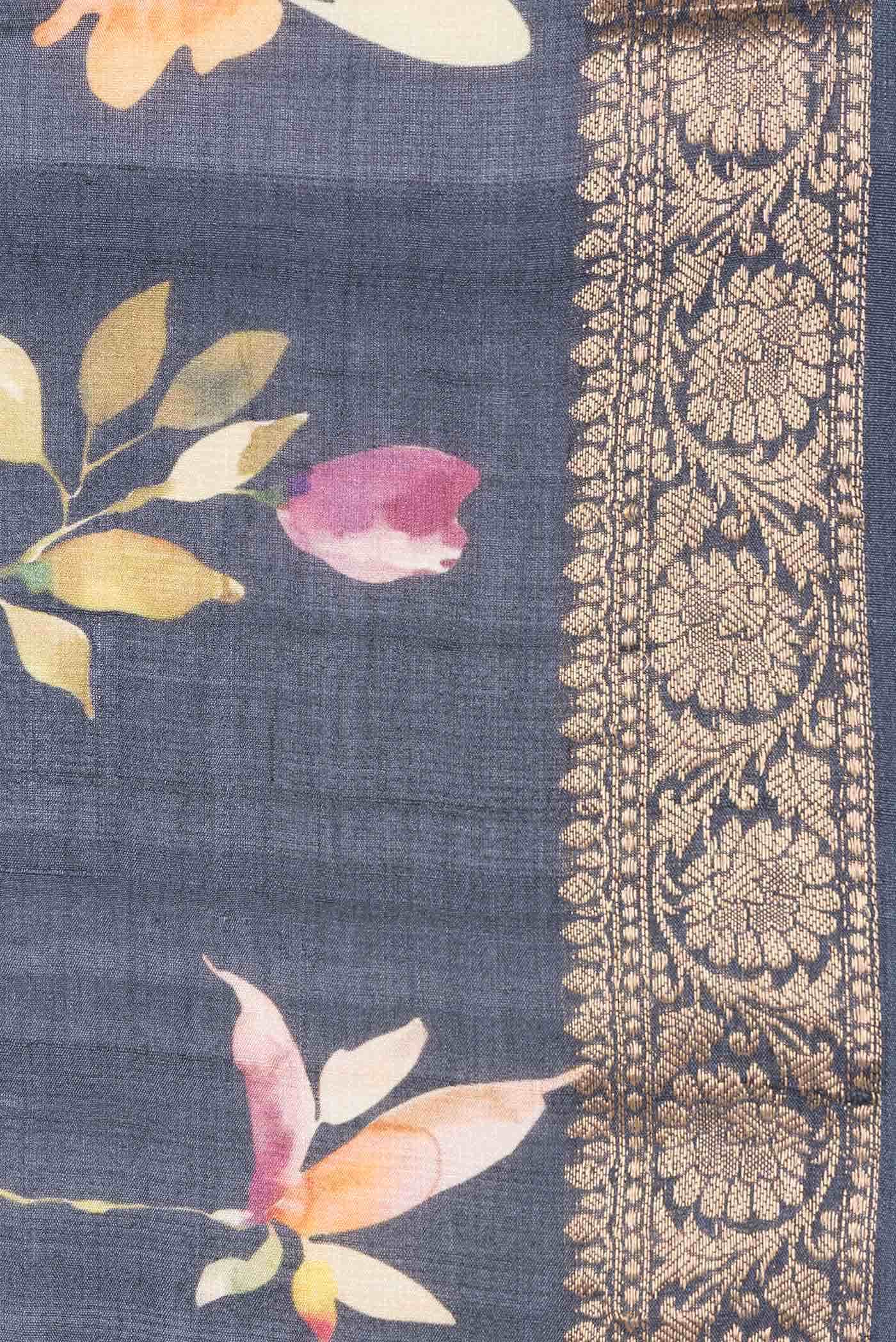 Navy Blue Dual Tone Tussar Silk Saree - Image 3