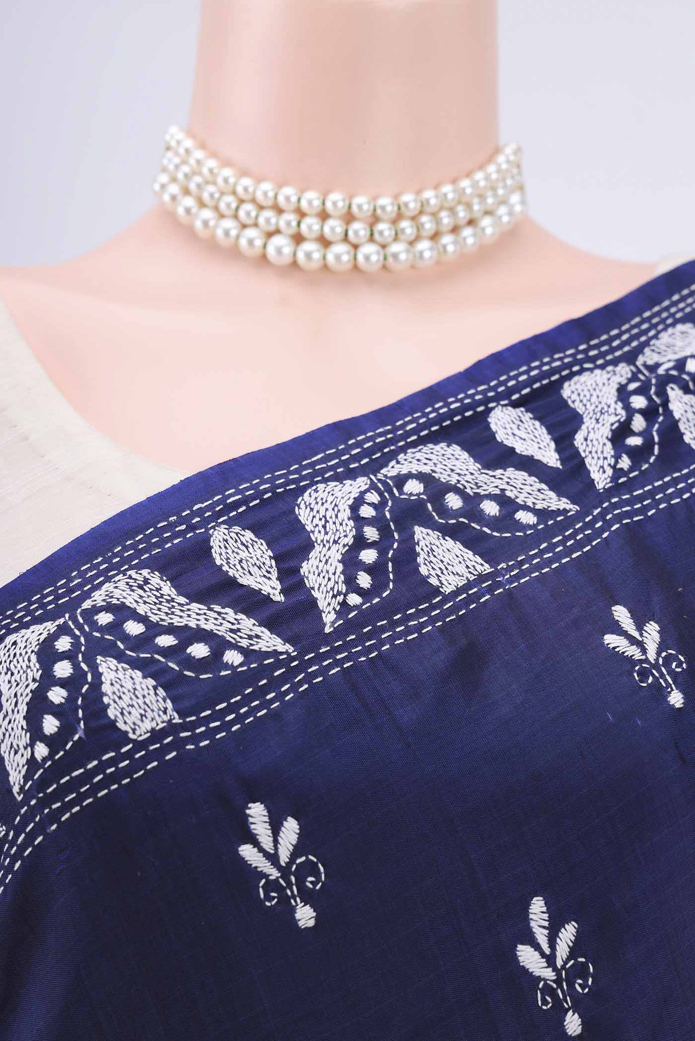 Navy Blue Kantha Silk Saree - Image 2