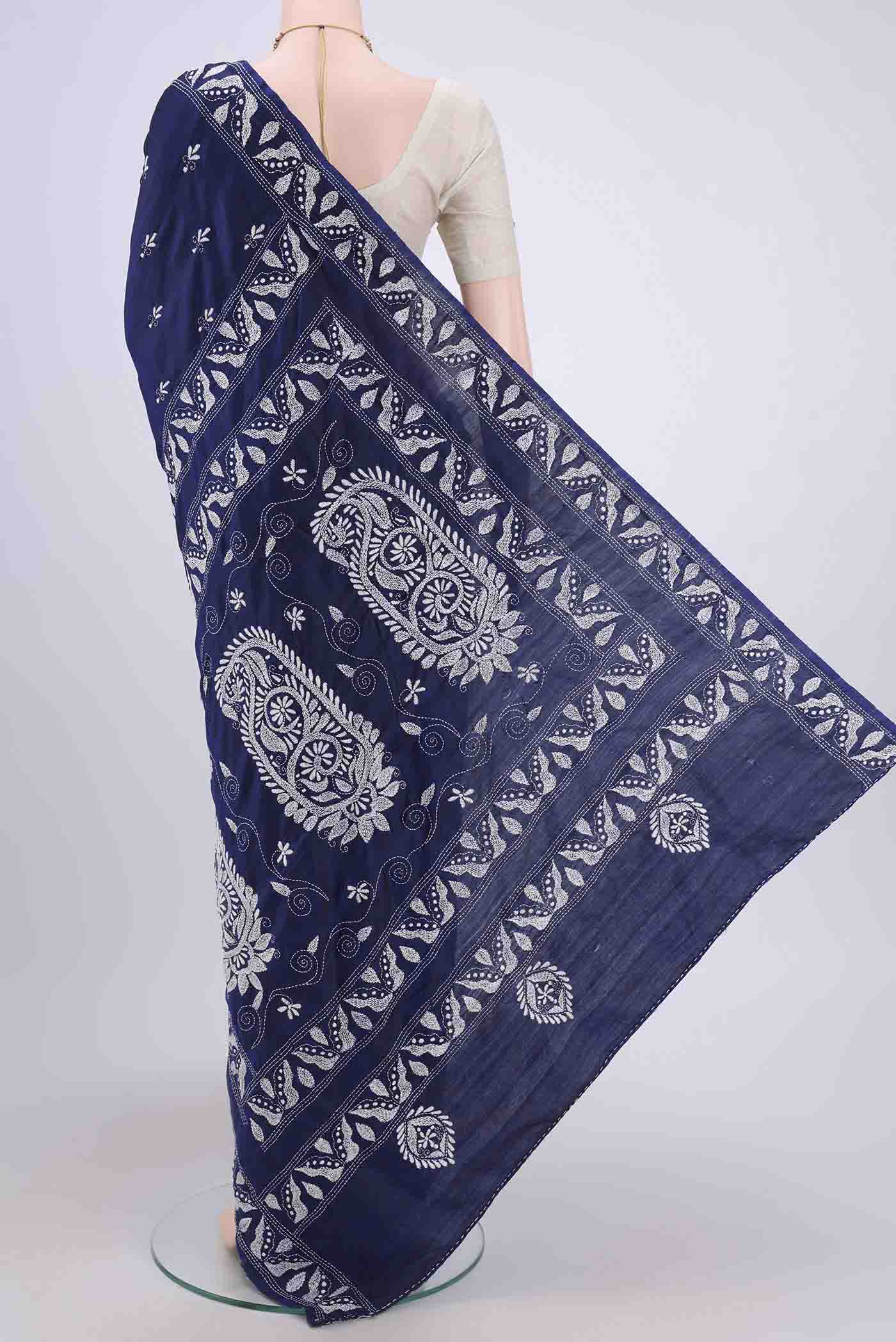 Navy Blue Kantha Silk Saree - Image 3