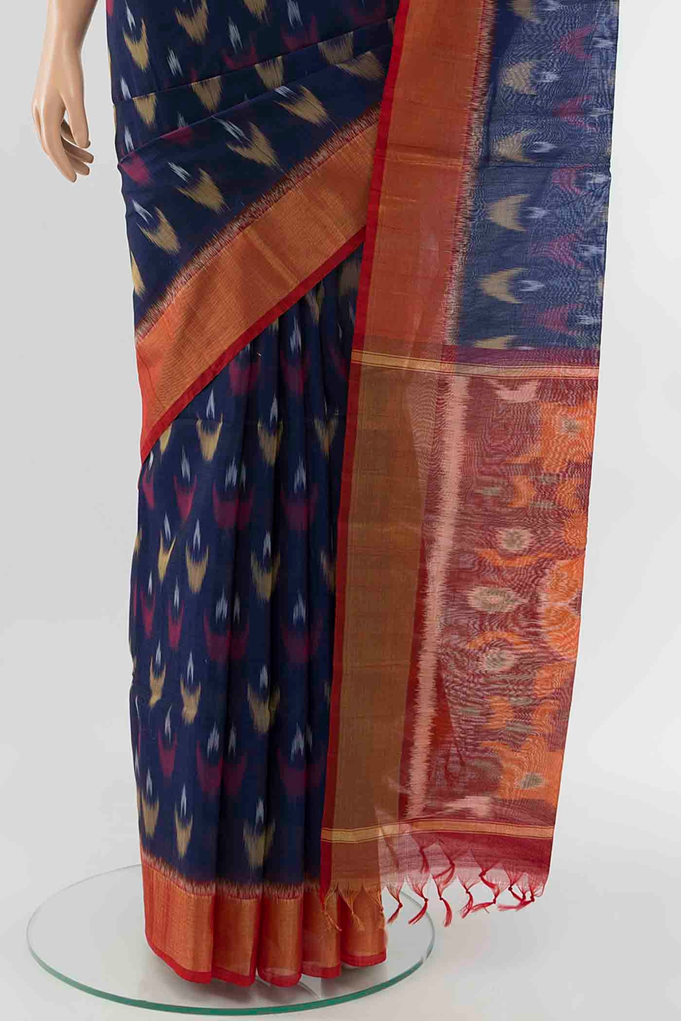 Navy Blue Kora Cotton Saree - Image 3