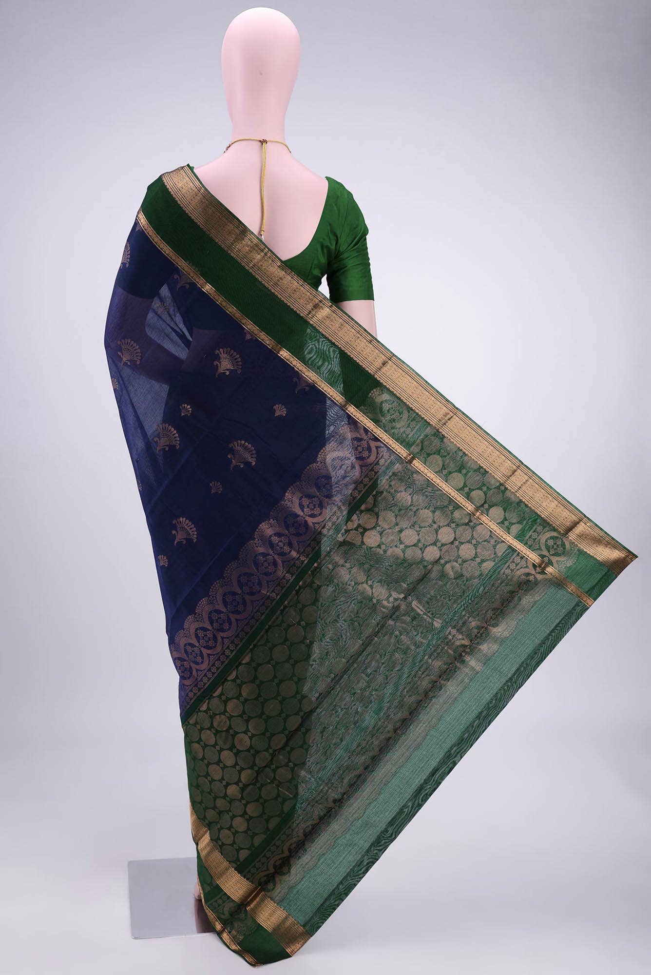 Navy Blue Kora Cotton Saree - Image 2