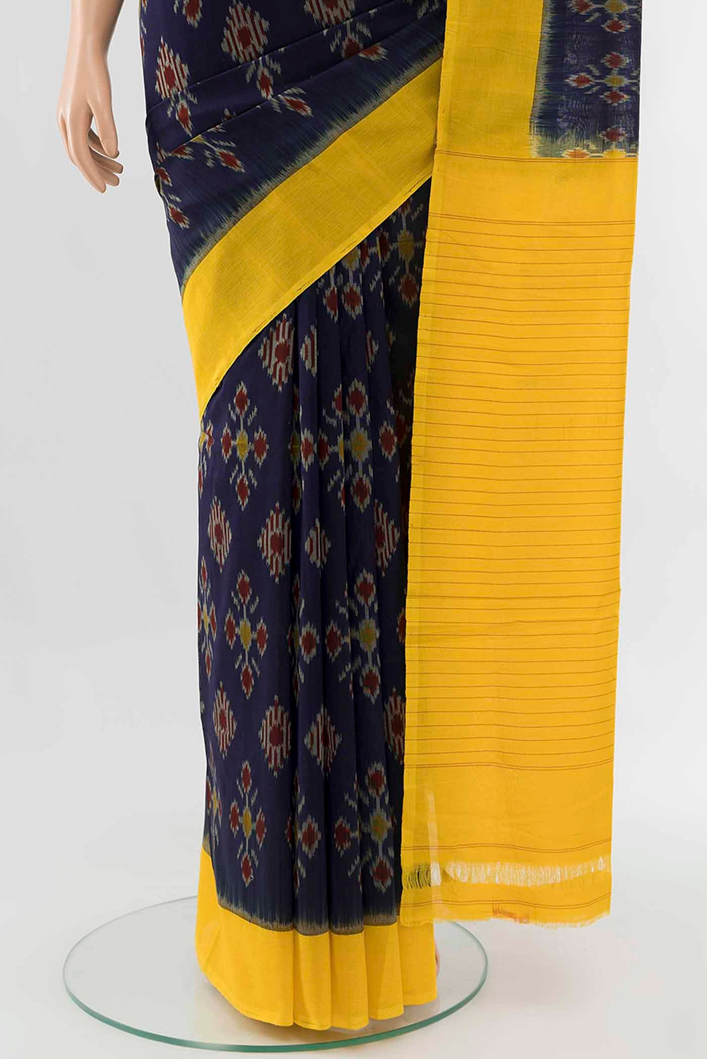 Navy Blue Pochampally Cotton Saree - Image 3