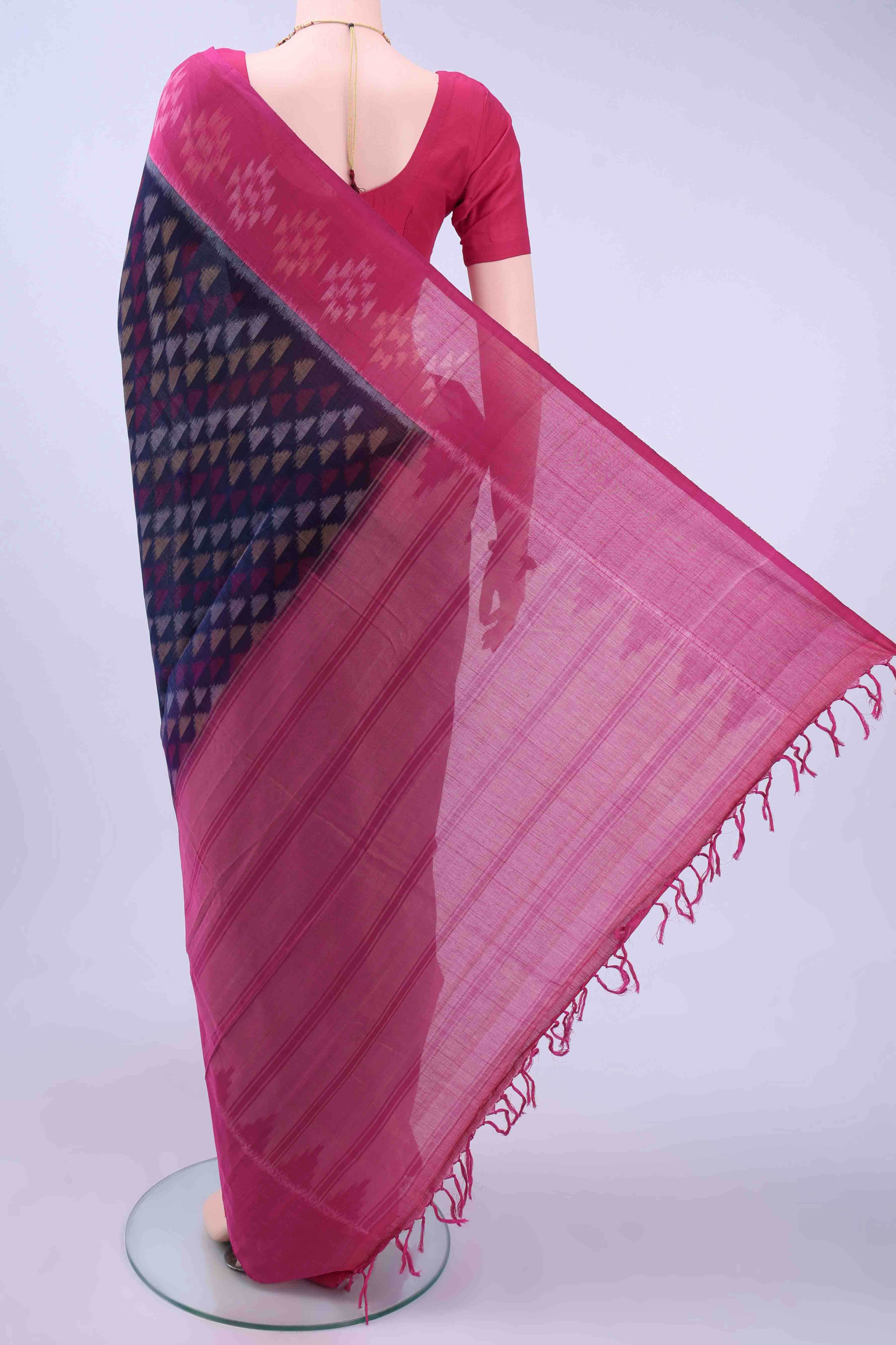 Navy Blue Pochampally Cotton Saree - Image 2