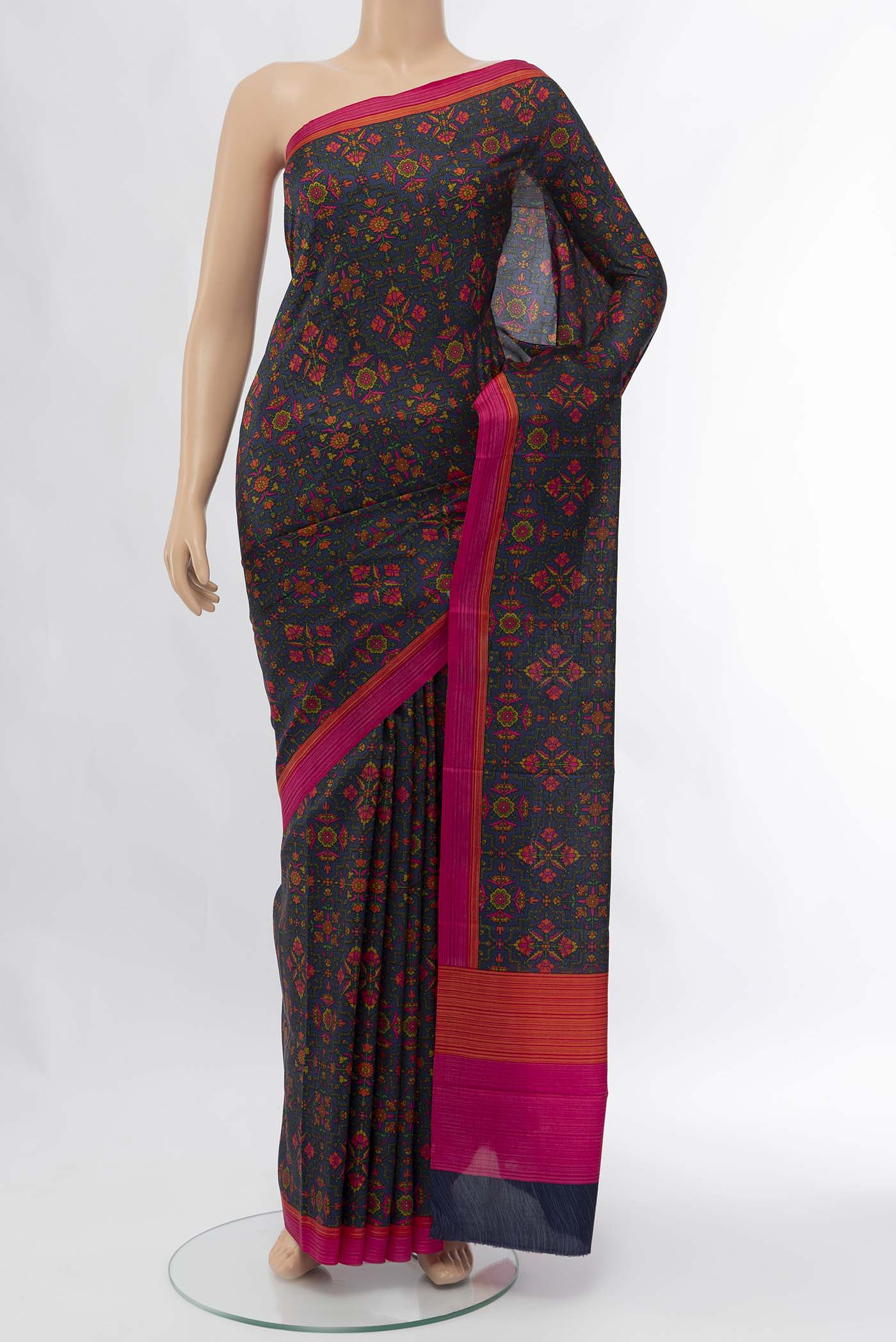 Navy Blue Printed Silk Saree