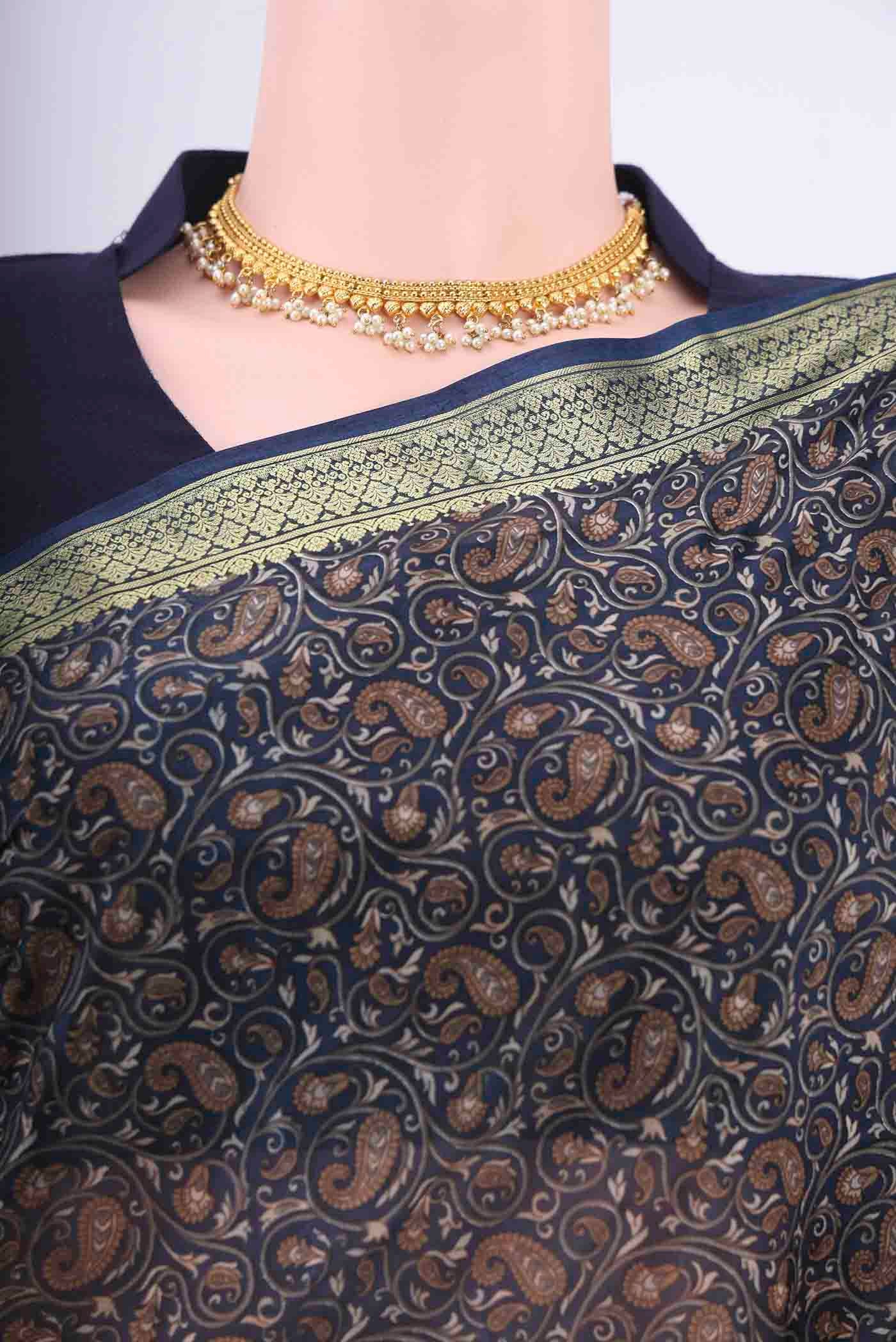 Navy Blue Printed Silk Saree - Image 2