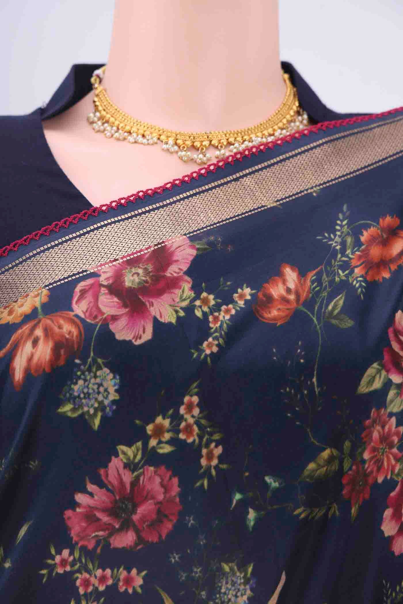 Navy Blue Printed Silk Saree - Image 2