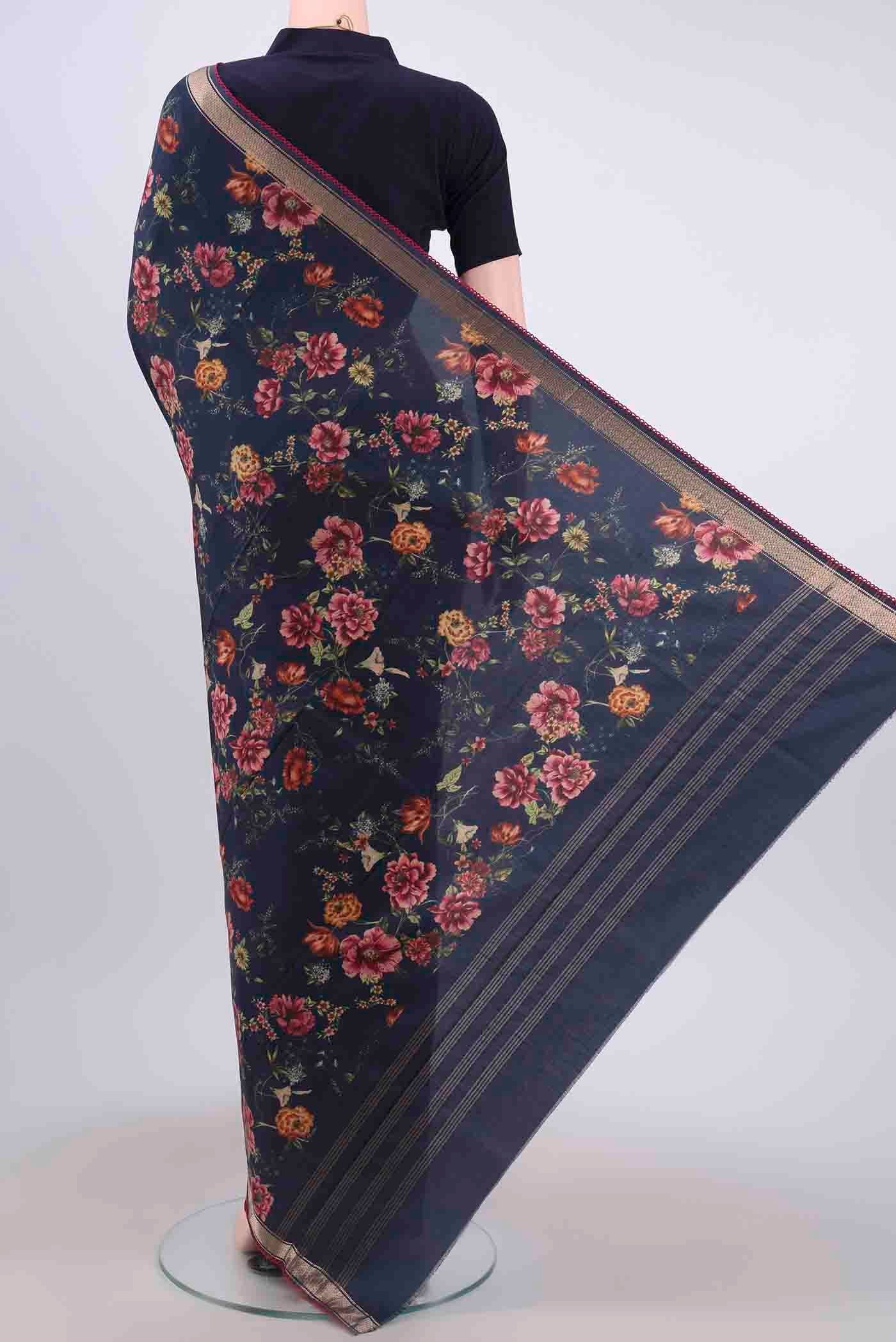 Navy Blue Printed Silk Saree - Image 3