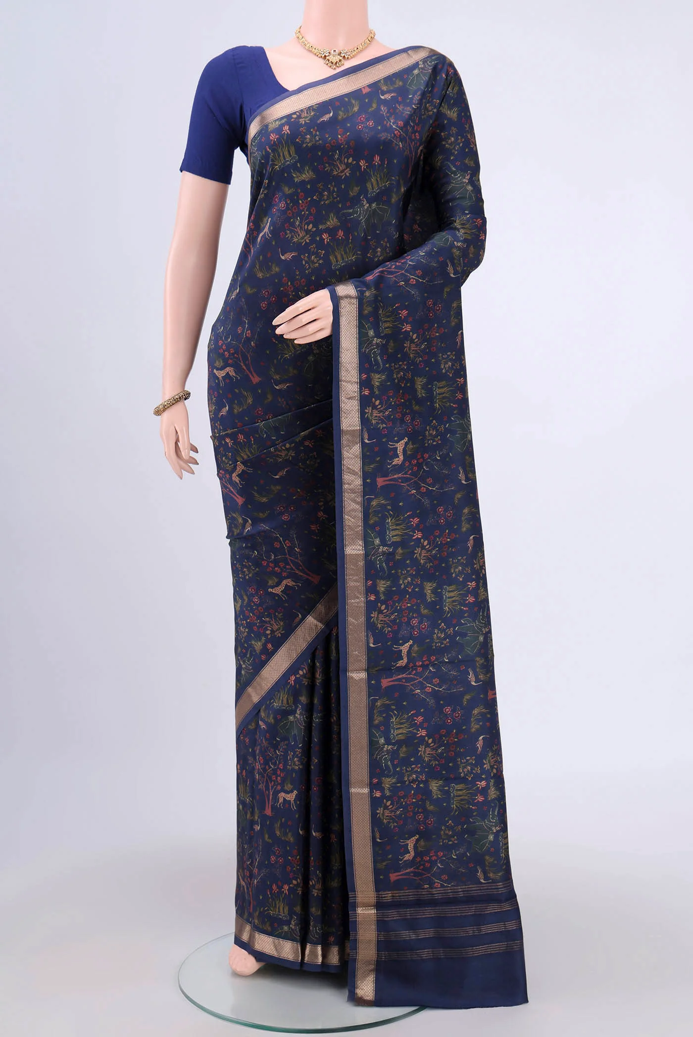 Navy Blue Printed Silk Saree