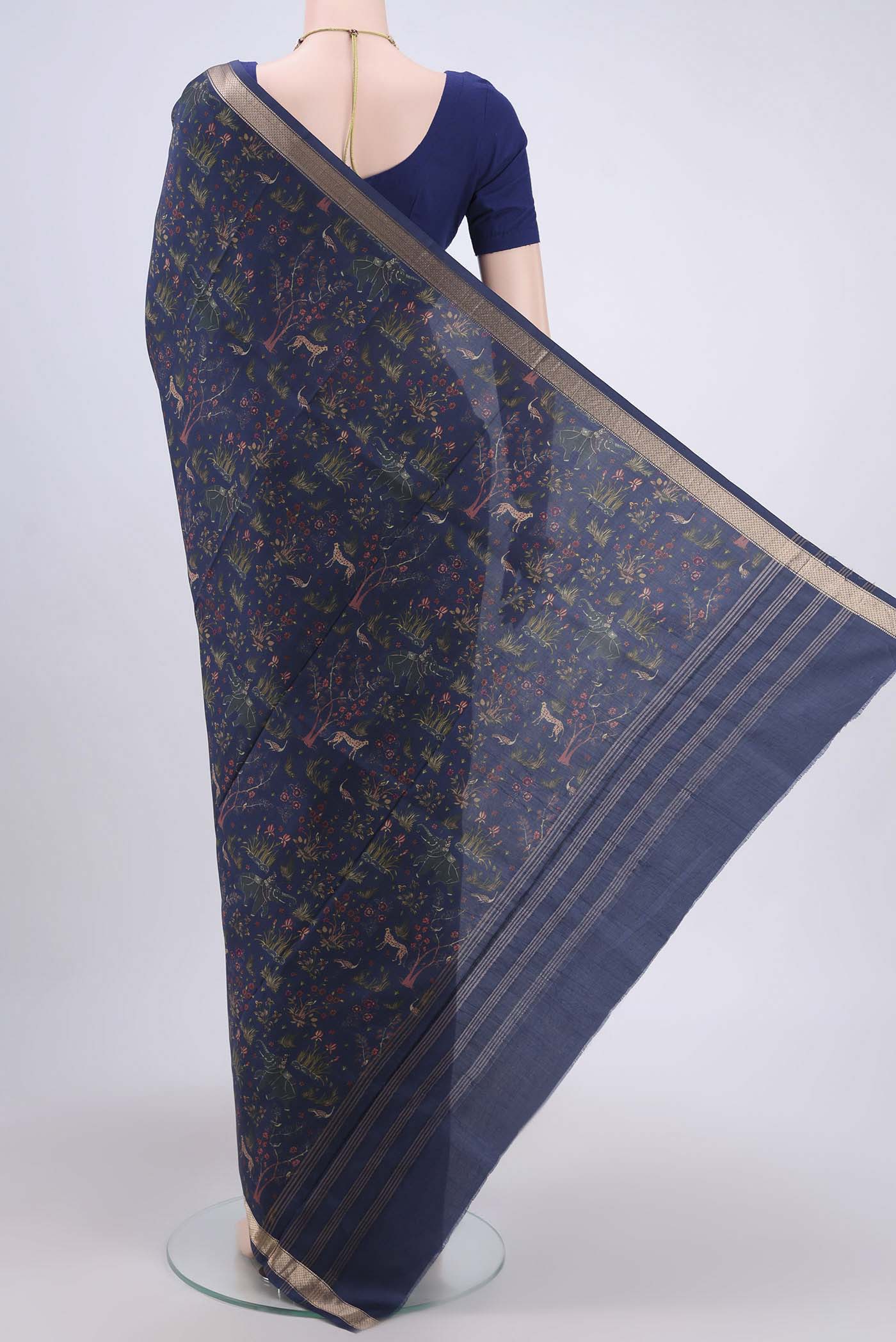 Navy Blue Printed Silk Saree - Image 3