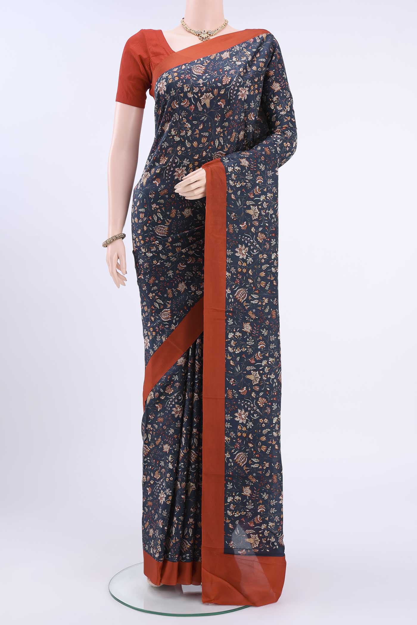 Navy Blue Printed Silk Saree