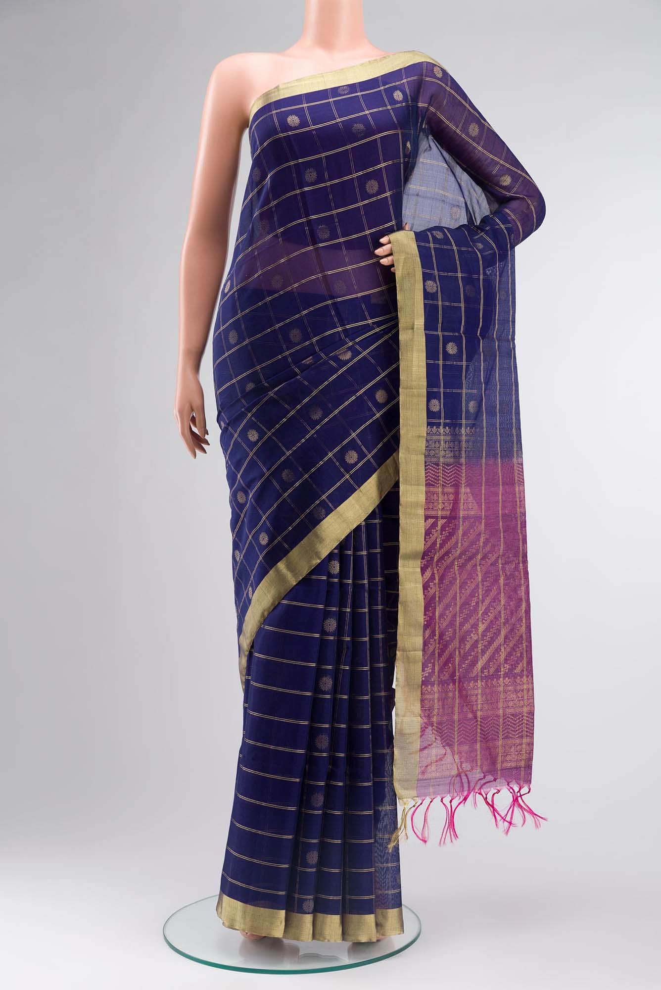 Navy Blue Silk Cotton Saree - Image 7
