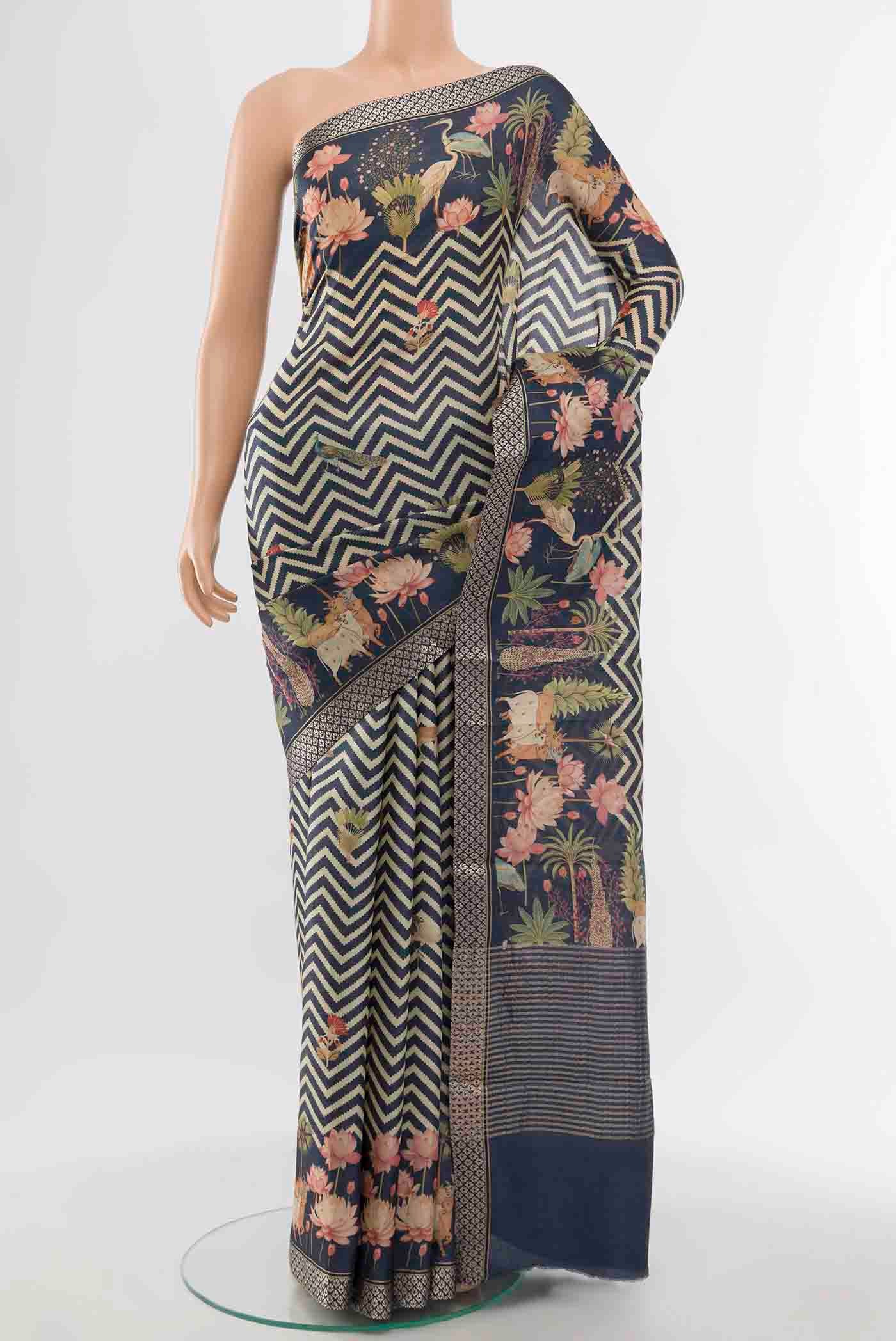 Navy Blue Tussar Silk Saree