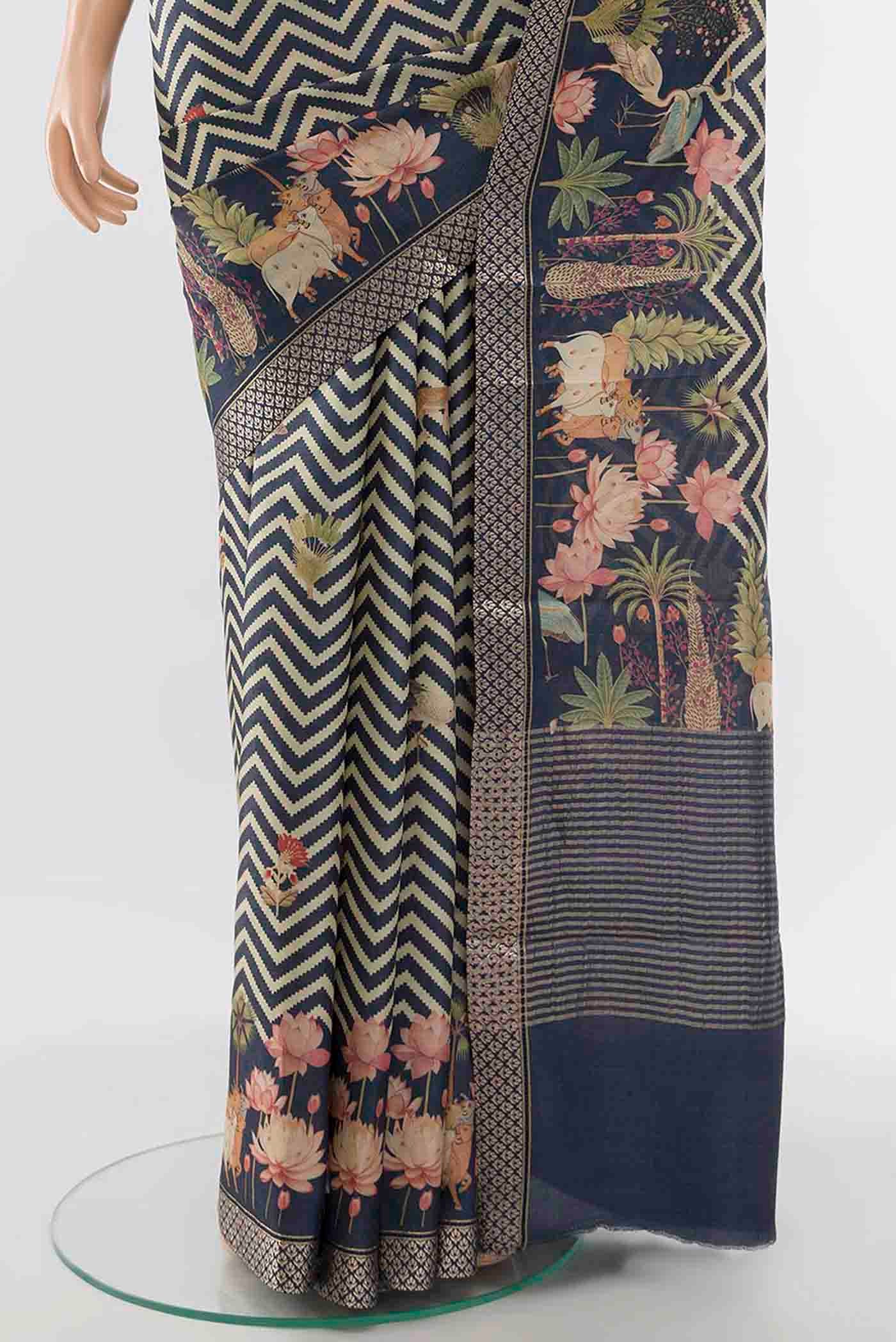 Navy Blue Tussar Silk Saree - Image 3