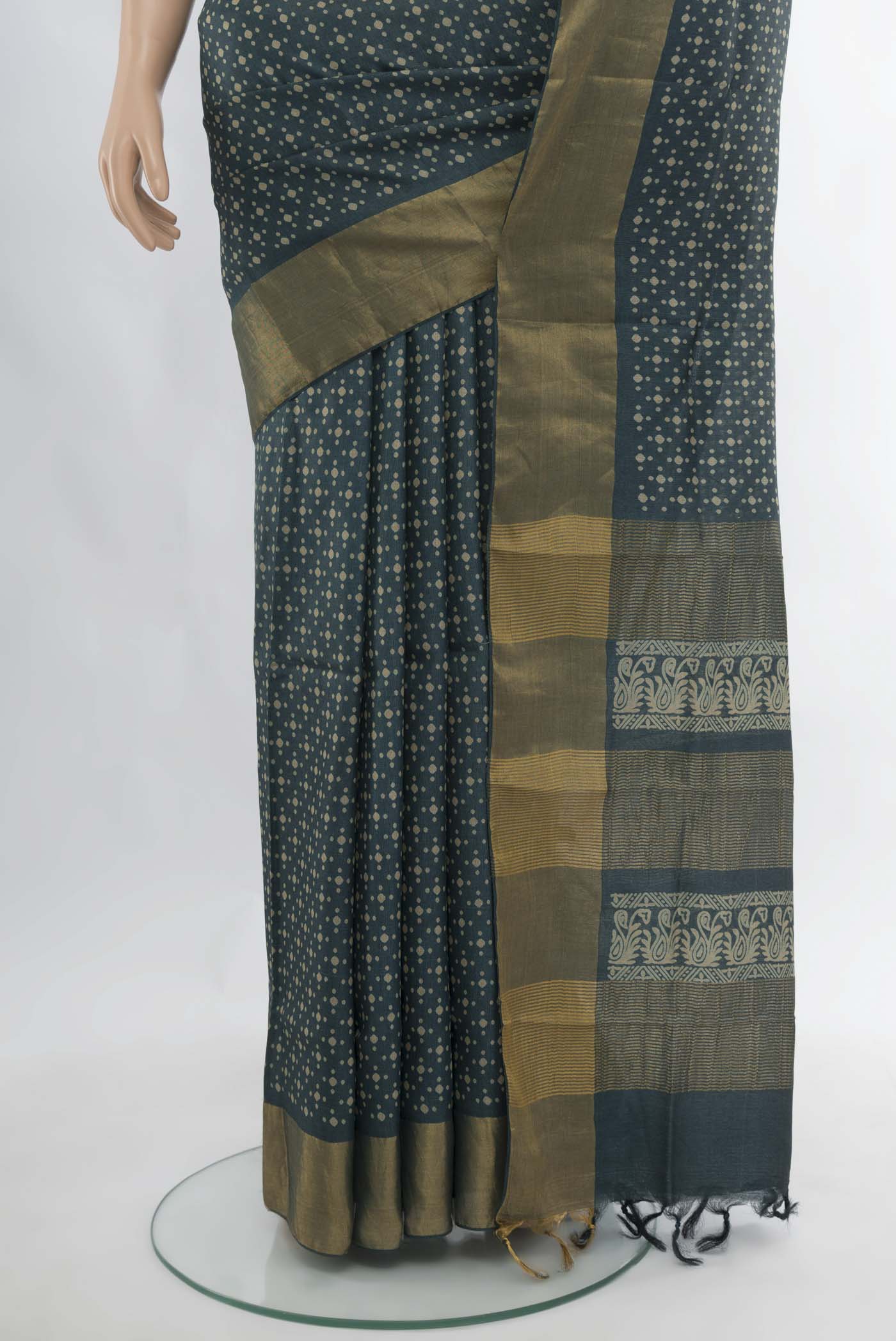 Navy Blue Tussar Silk Saree - Image 3