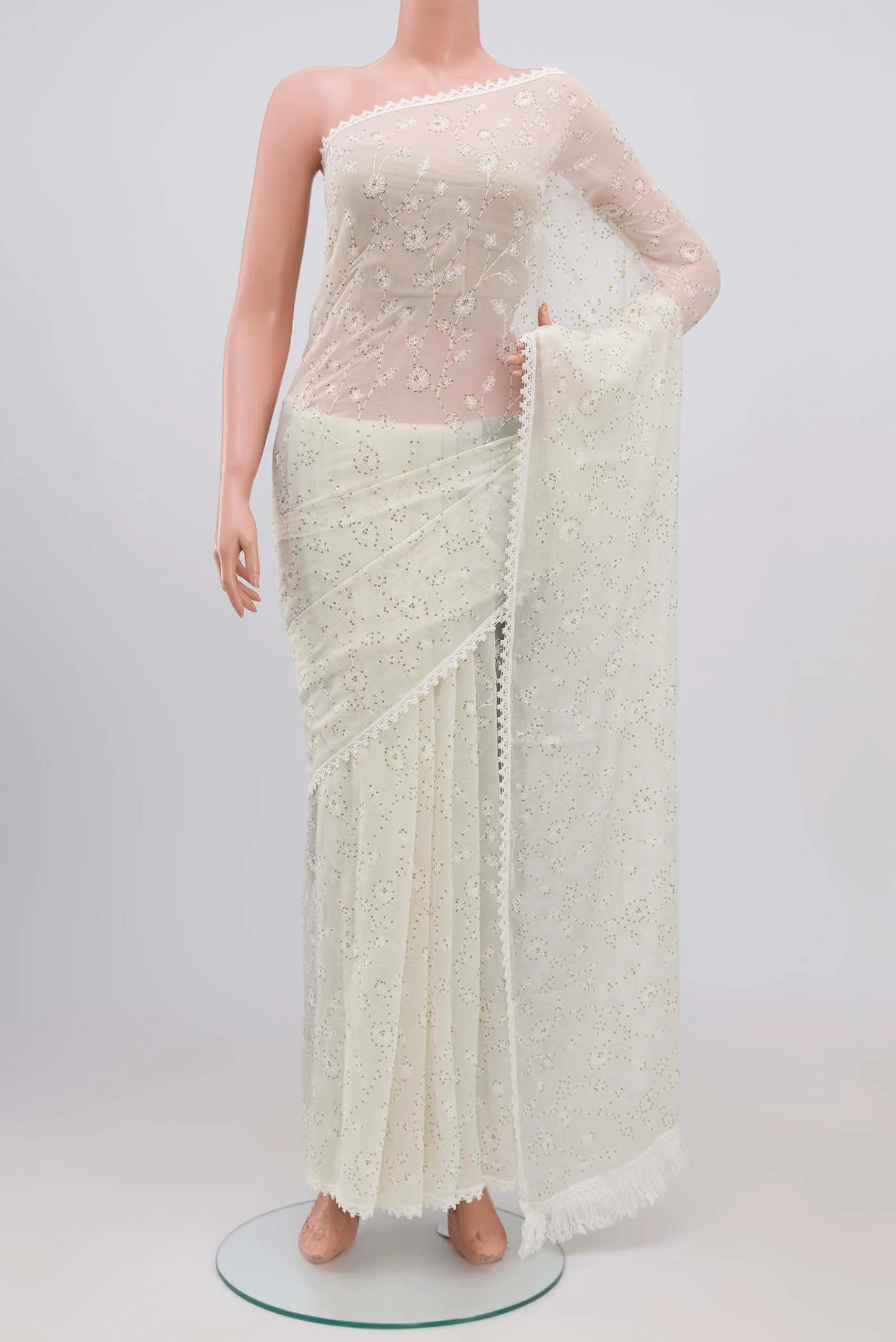 Off White Blended Chiffon Saree