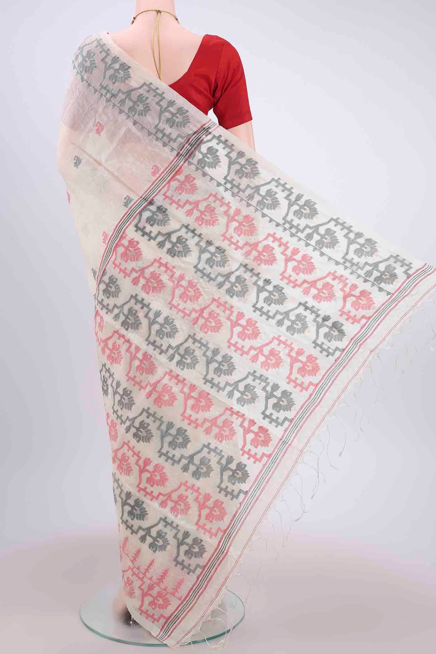 Off White Dhakai Jamdhani Saree - Image 3