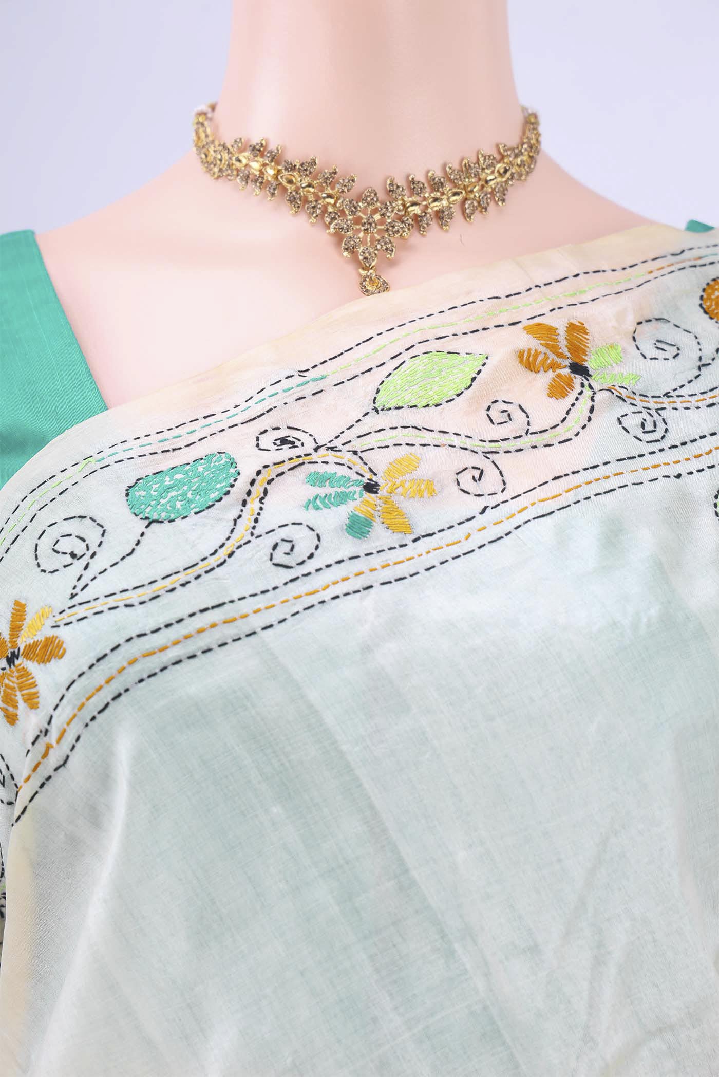 Off White Kantha Silk Saree - Image 2