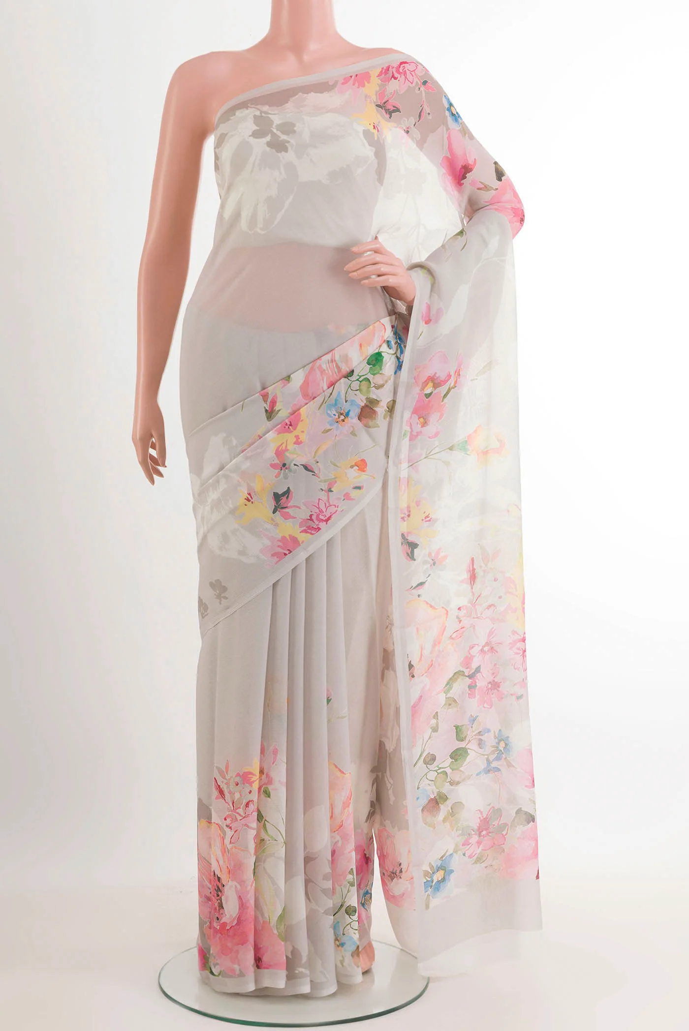 Off White Mysore Chiffon Saree