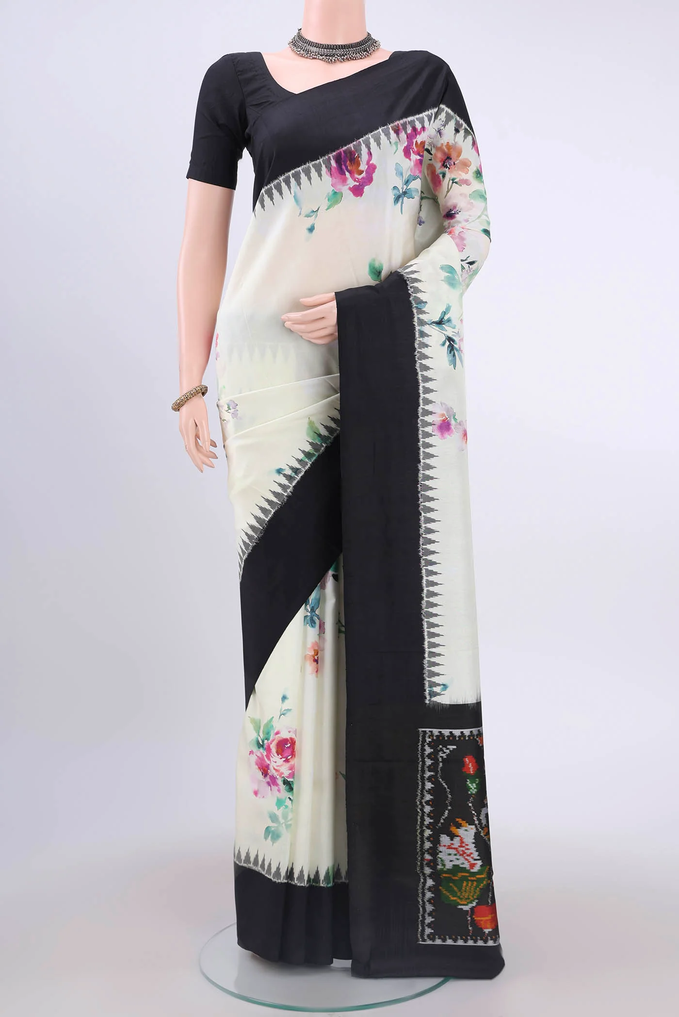 Off White Printed Silk Saree