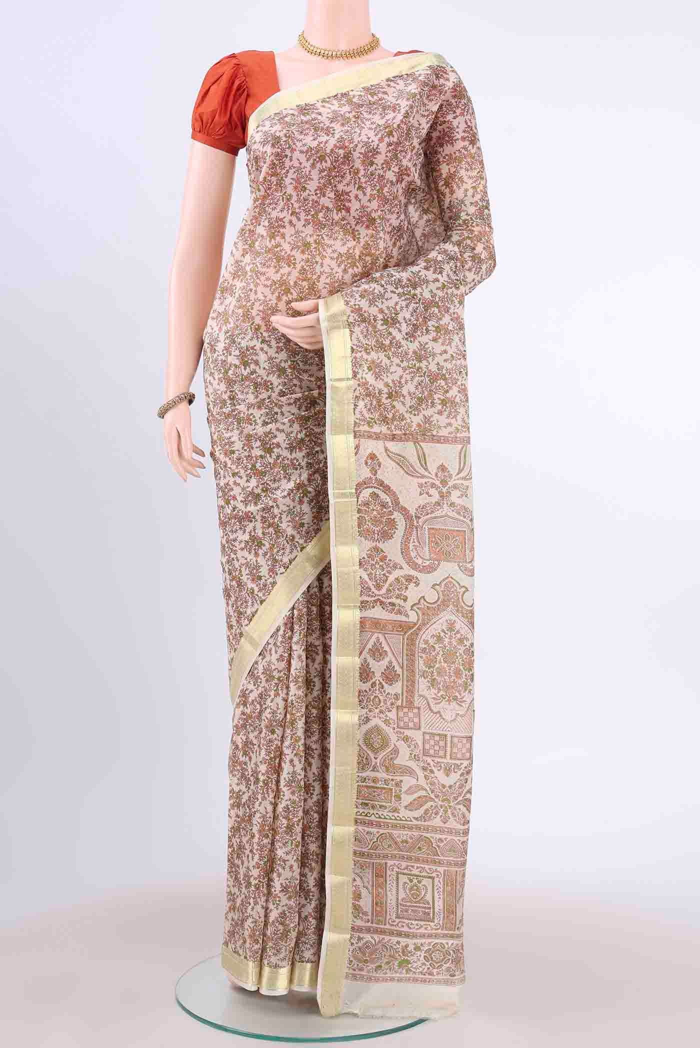 Off White Printed Silk Saree