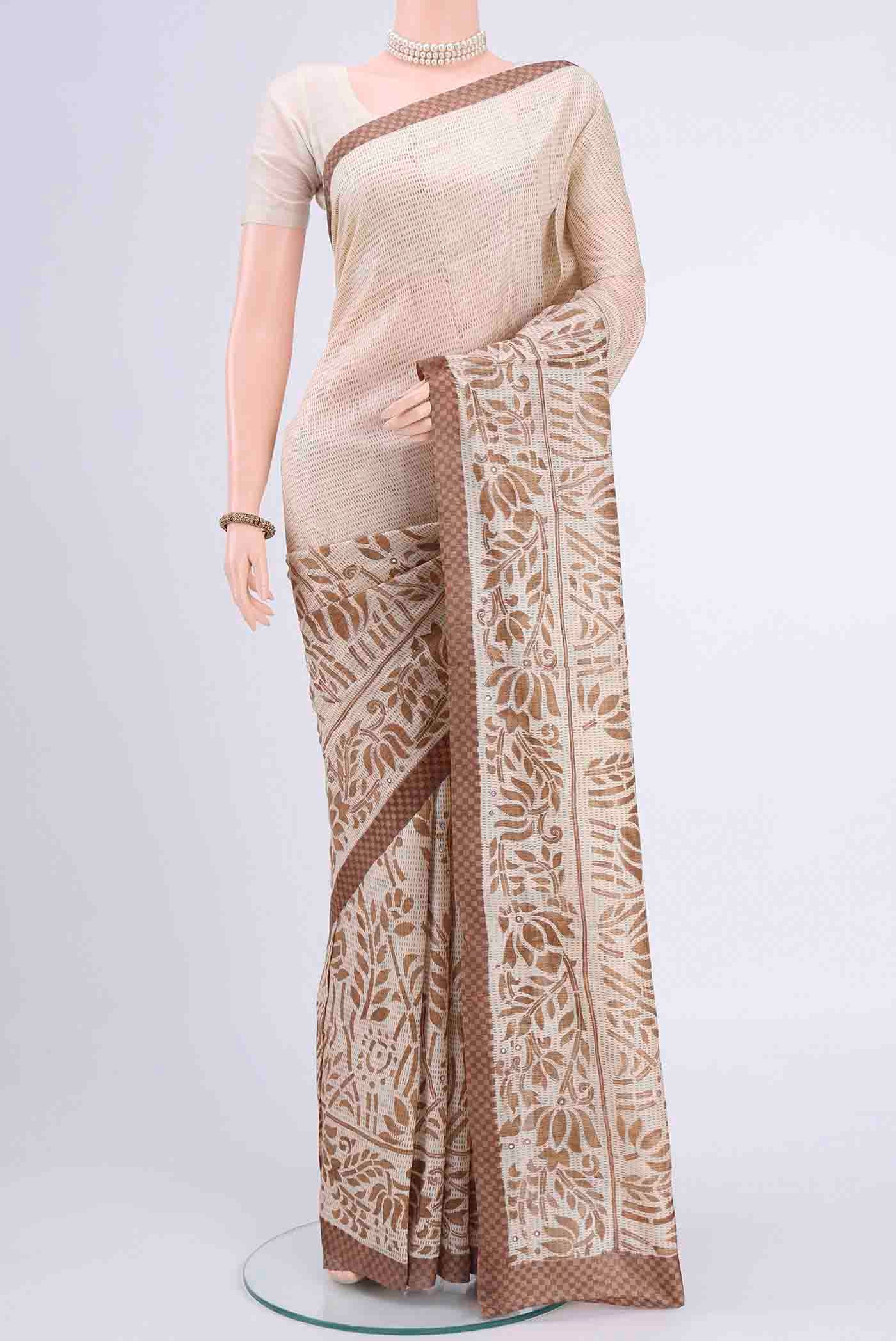 Off White Printed Silk Saree