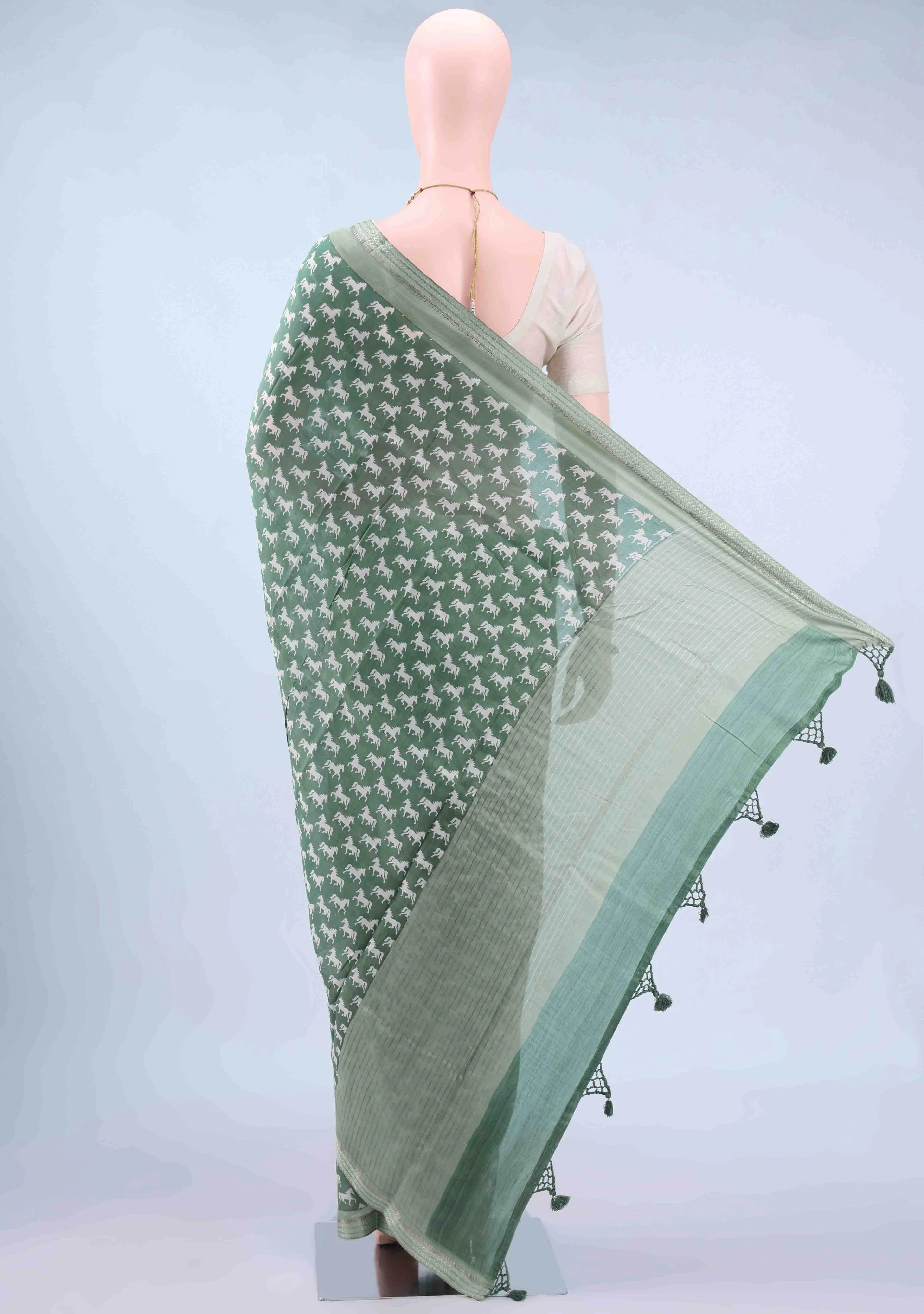 Olive Green Bengal Cotton - Tangail Saree - Image 2