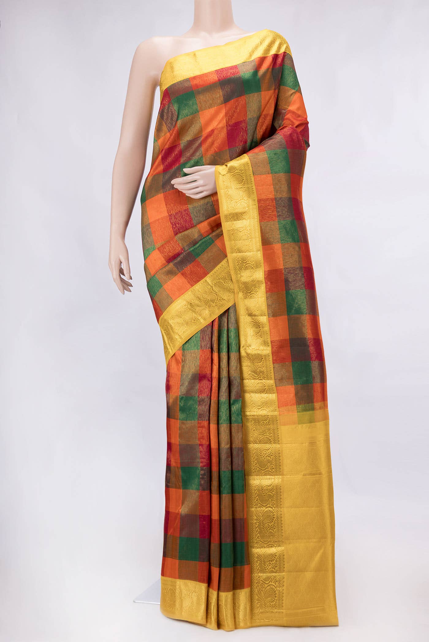Pure Silk Pure Zari Orange, Green and Maroon Dual Tone Kanjivaram Saree